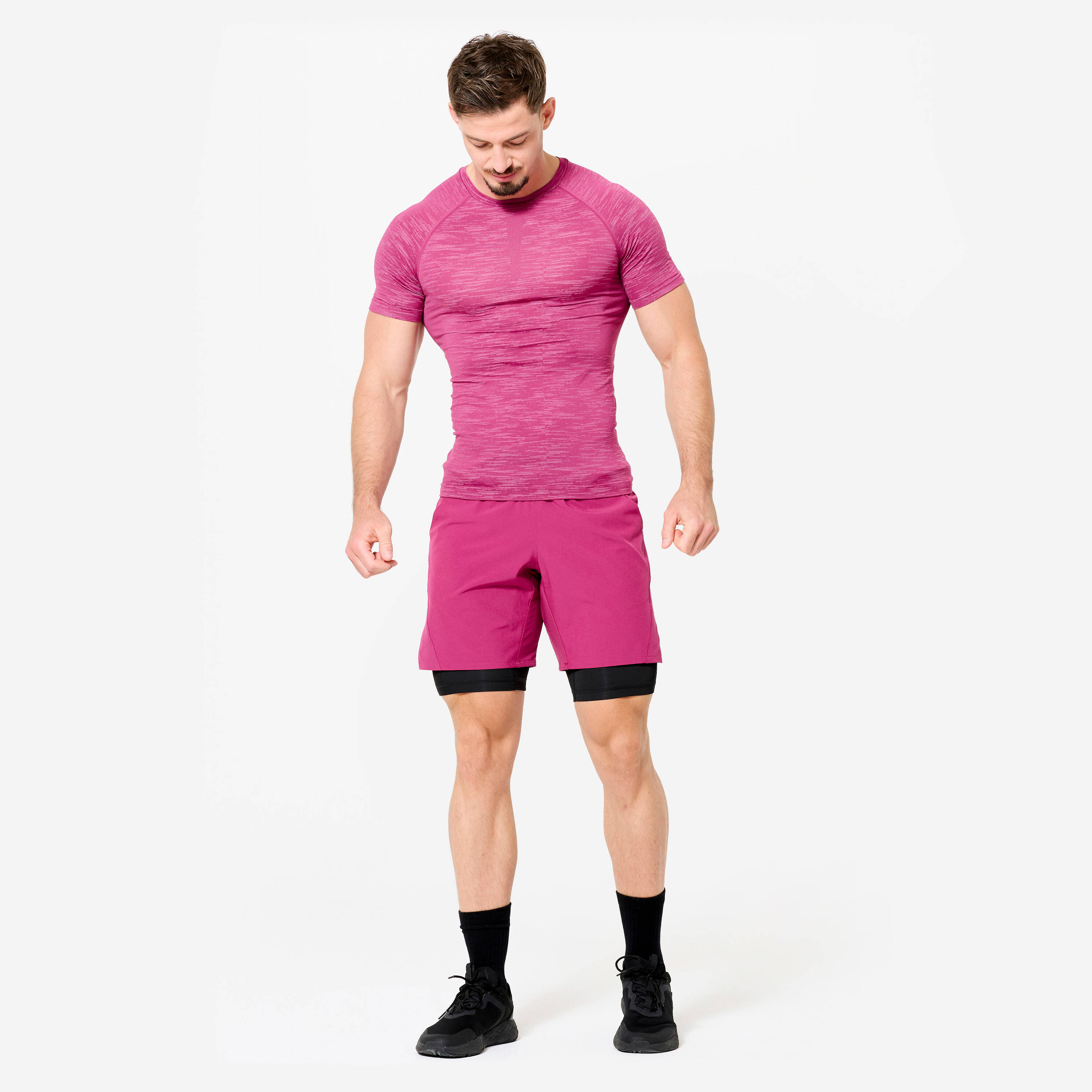 Men Gym Shorts with Compression Tights, Quick Dry and Zippered Pocket - Purple -  2
