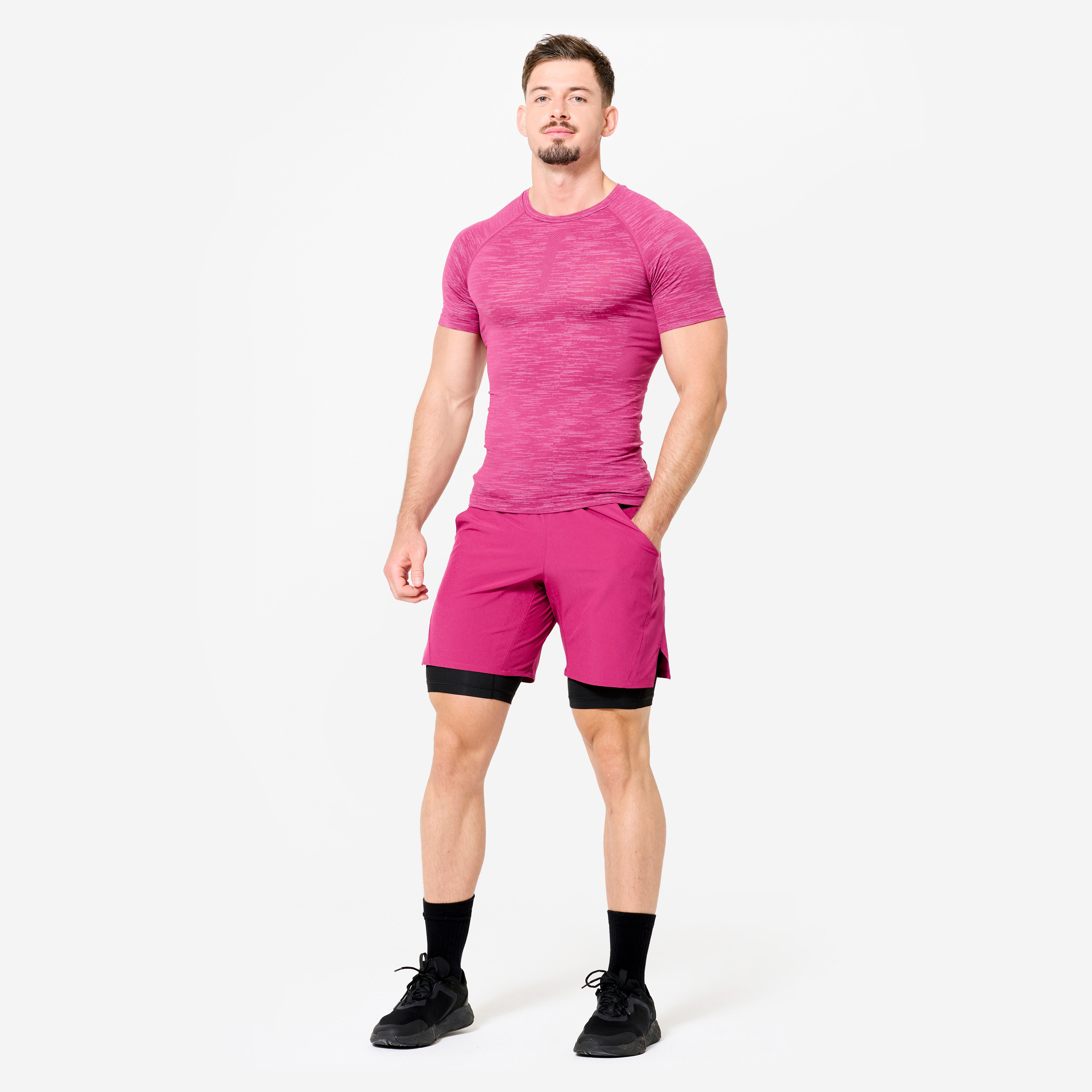 Men's Short-Sleeved Crew Neck Weight Training Compression T-Shirt-MagentaPurple