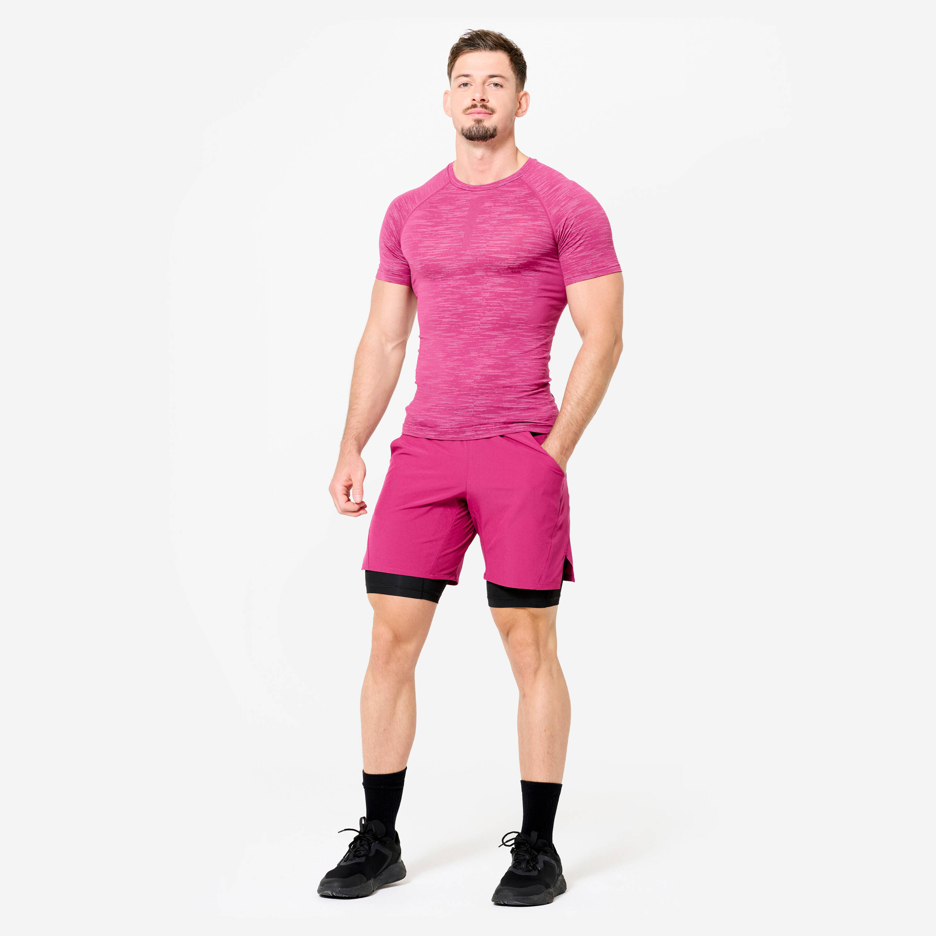 Men's Short-Sleeved Crew Neck Weight Training Compression T-Shirt-MagentaPurple -  3