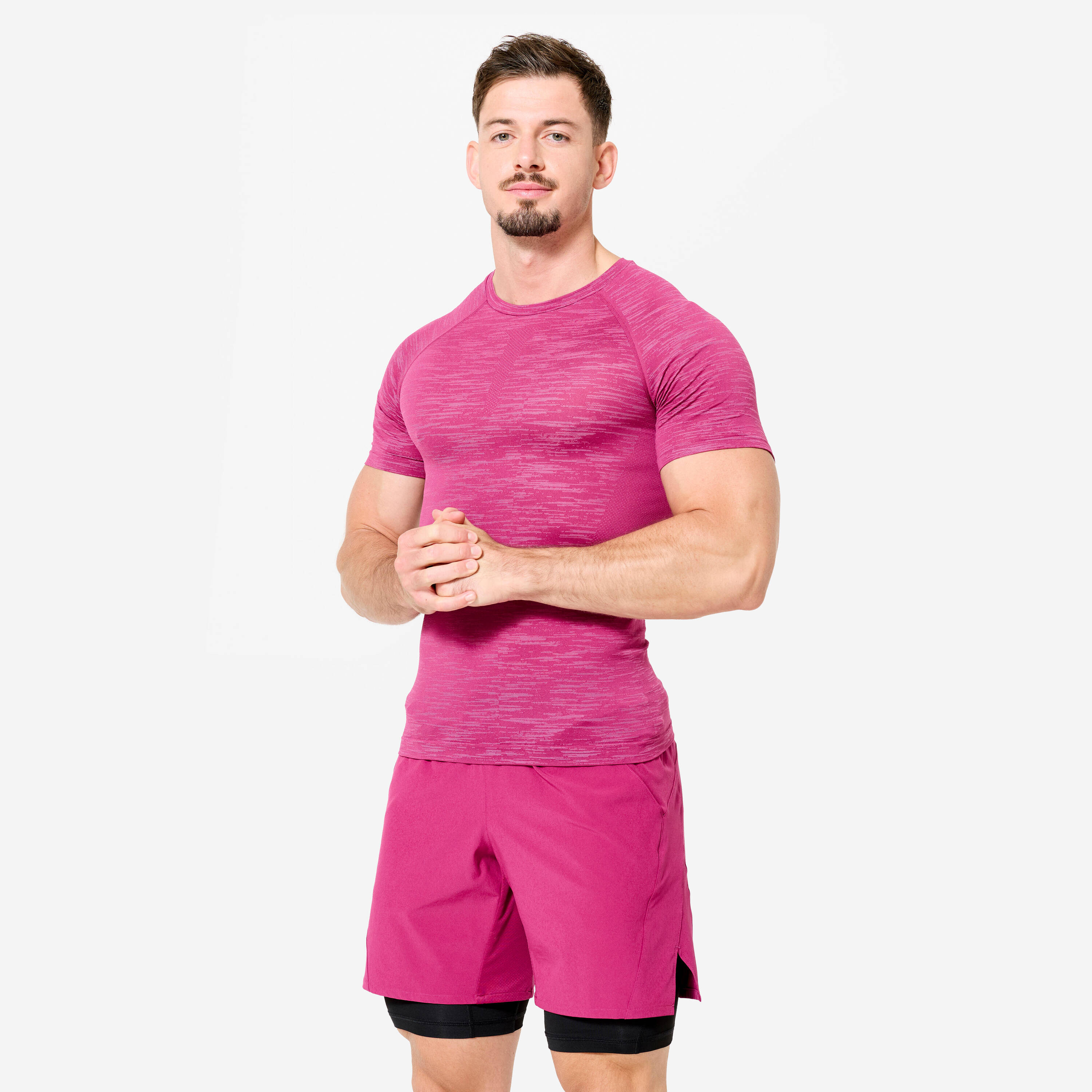 Men's Short-Sleeved Crew Neck Weight Training Compression T-Shirt-MagentaPurple -  1
