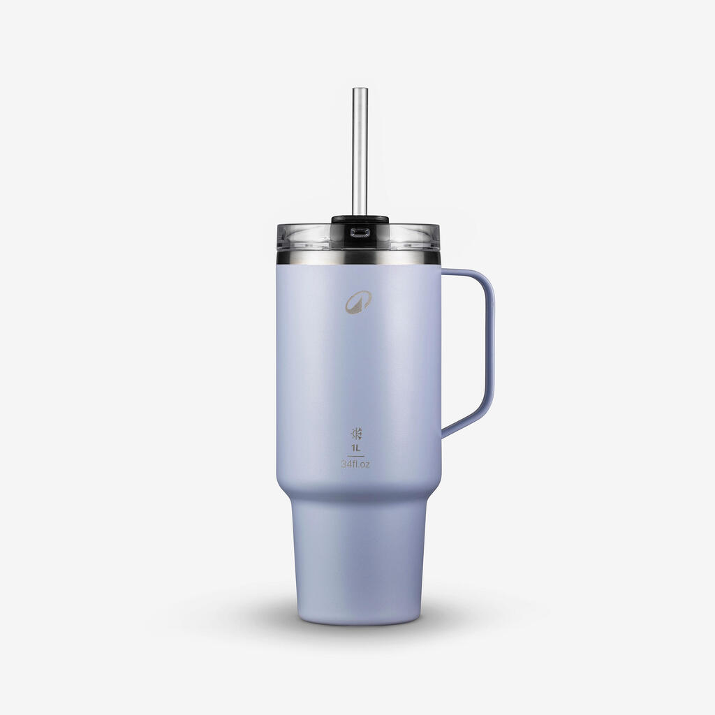 Mug isotherme avec paille 1L en inox, pour la randonnée et camping, violet
