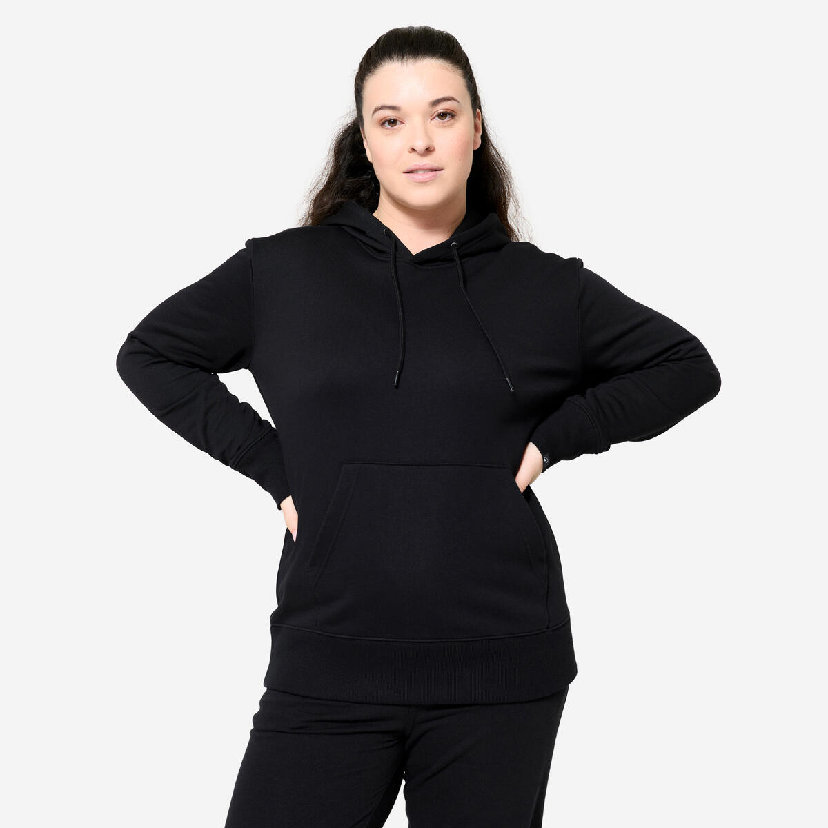 Sweat à capuche en coton fitness femme, noir ultra