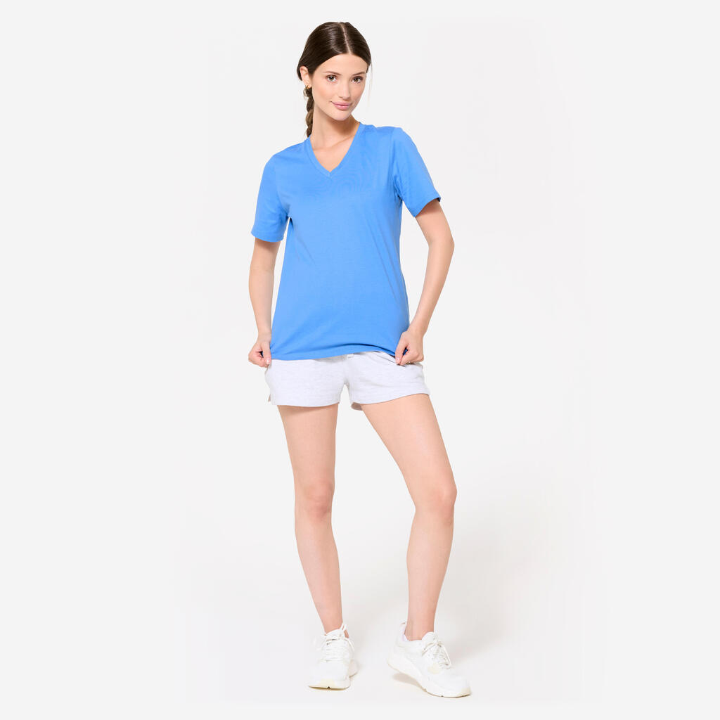 T-shirt col V fitness en coton femme, rose