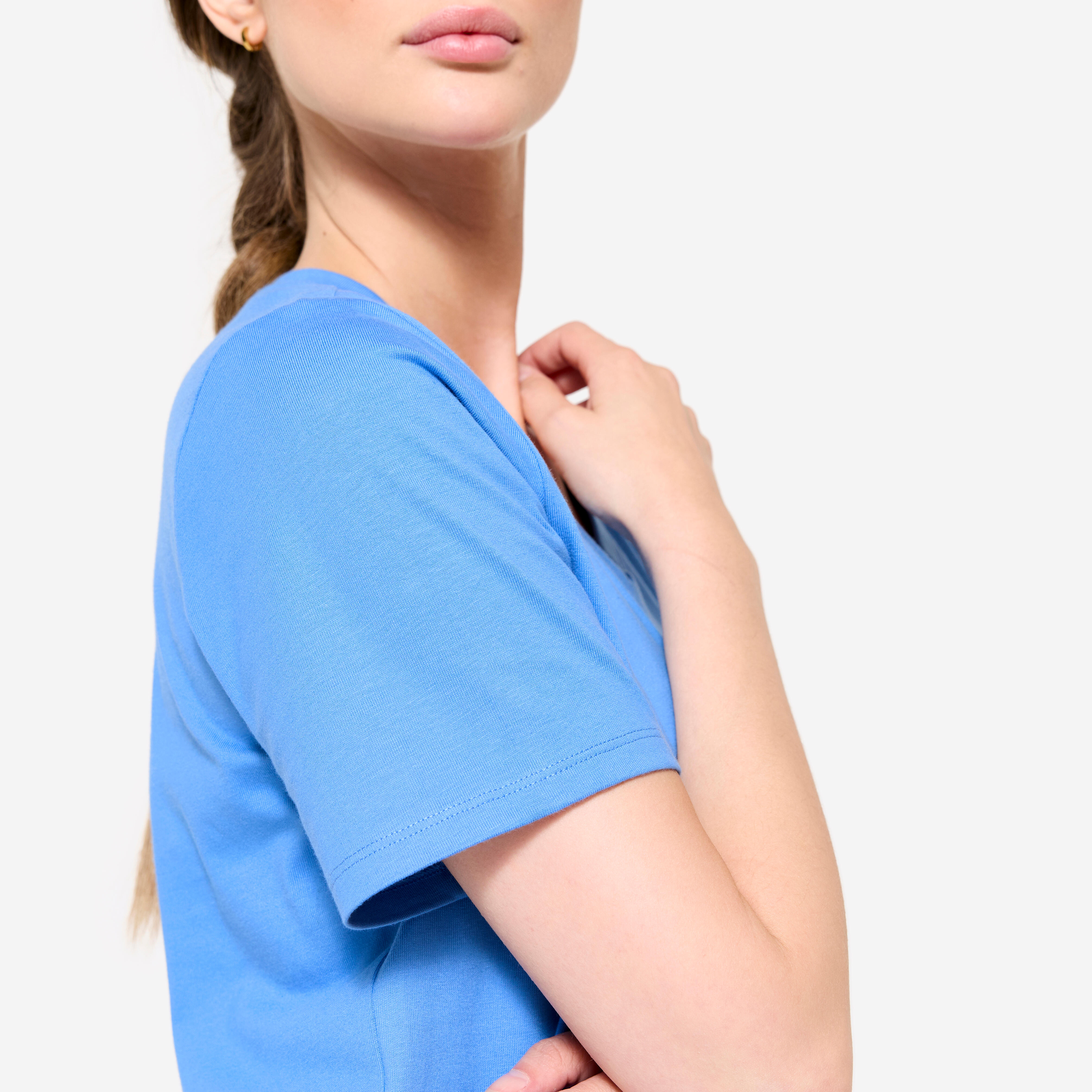 Women's V-Neck Cotton Fitness T-Shirt - Blue - DOMYOS