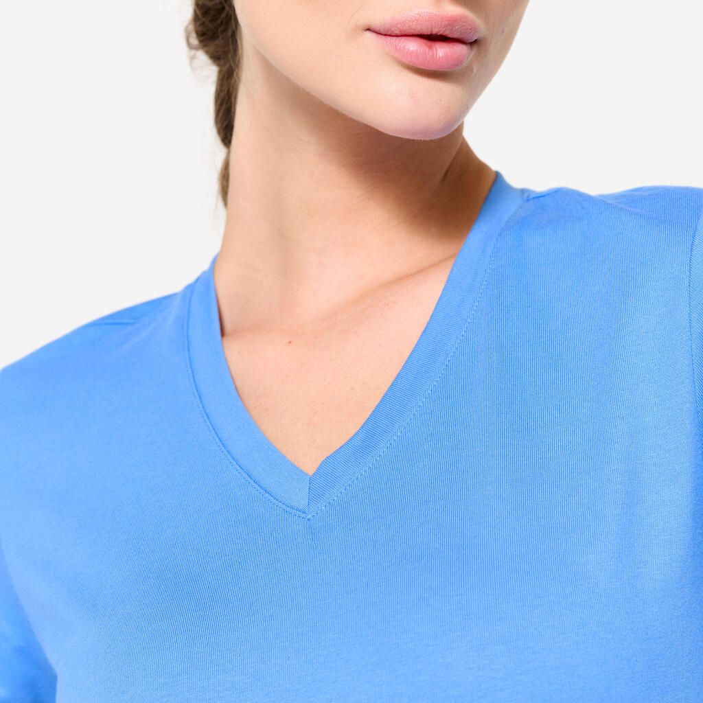 T-shirt col V fitness en coton femme, rose
