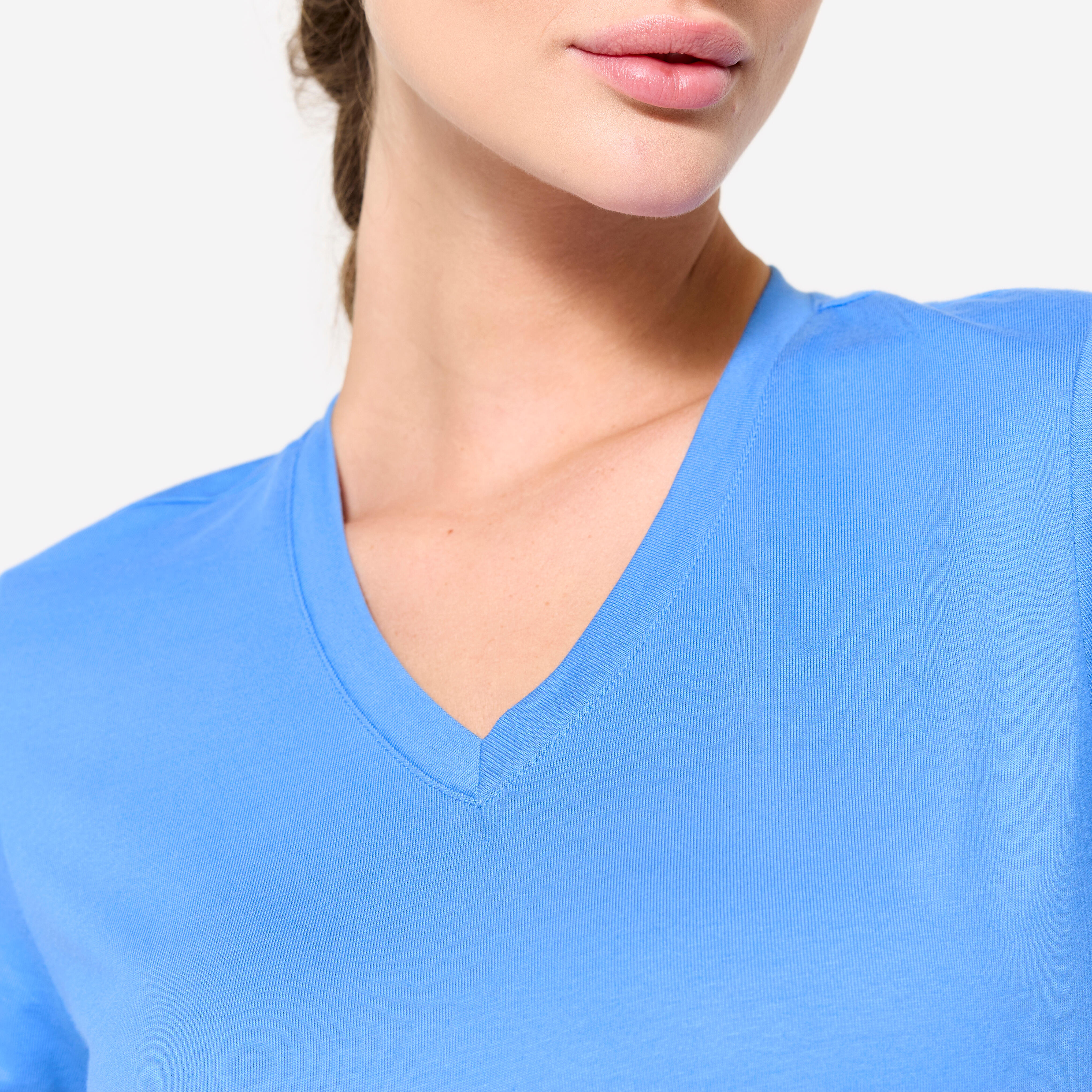 Women's V-Neck Cotton Fitness T-Shirt - Blue - DOMYOS