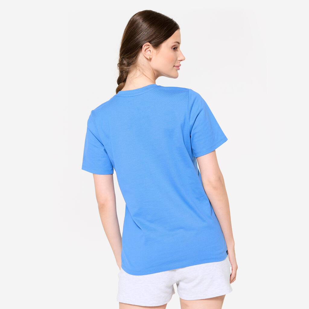 T-shirt col V fitness en coton femme, bleu