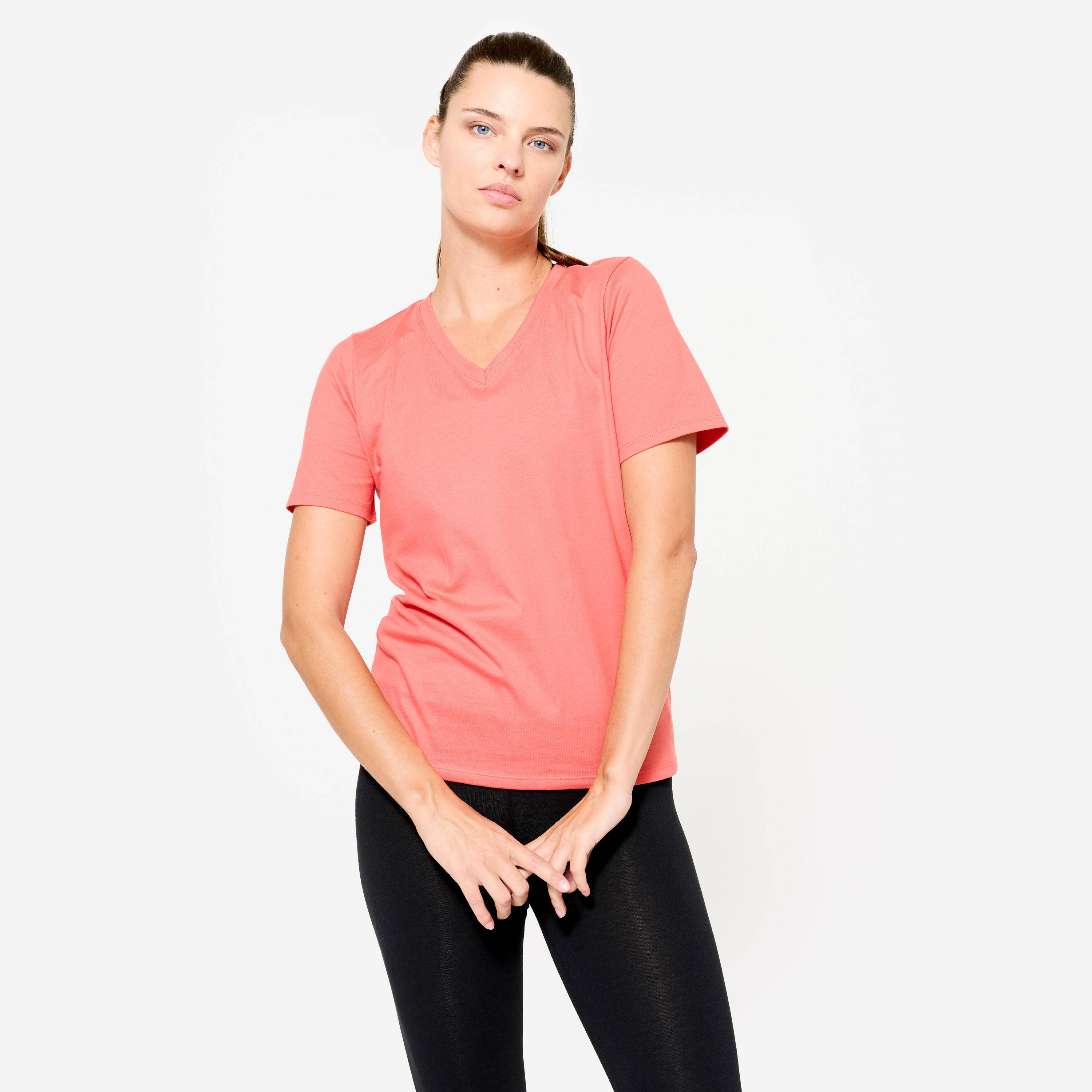 Women's V-Neck Cotton Fitness T-Shirt 500 - Pomelo Pink -  1