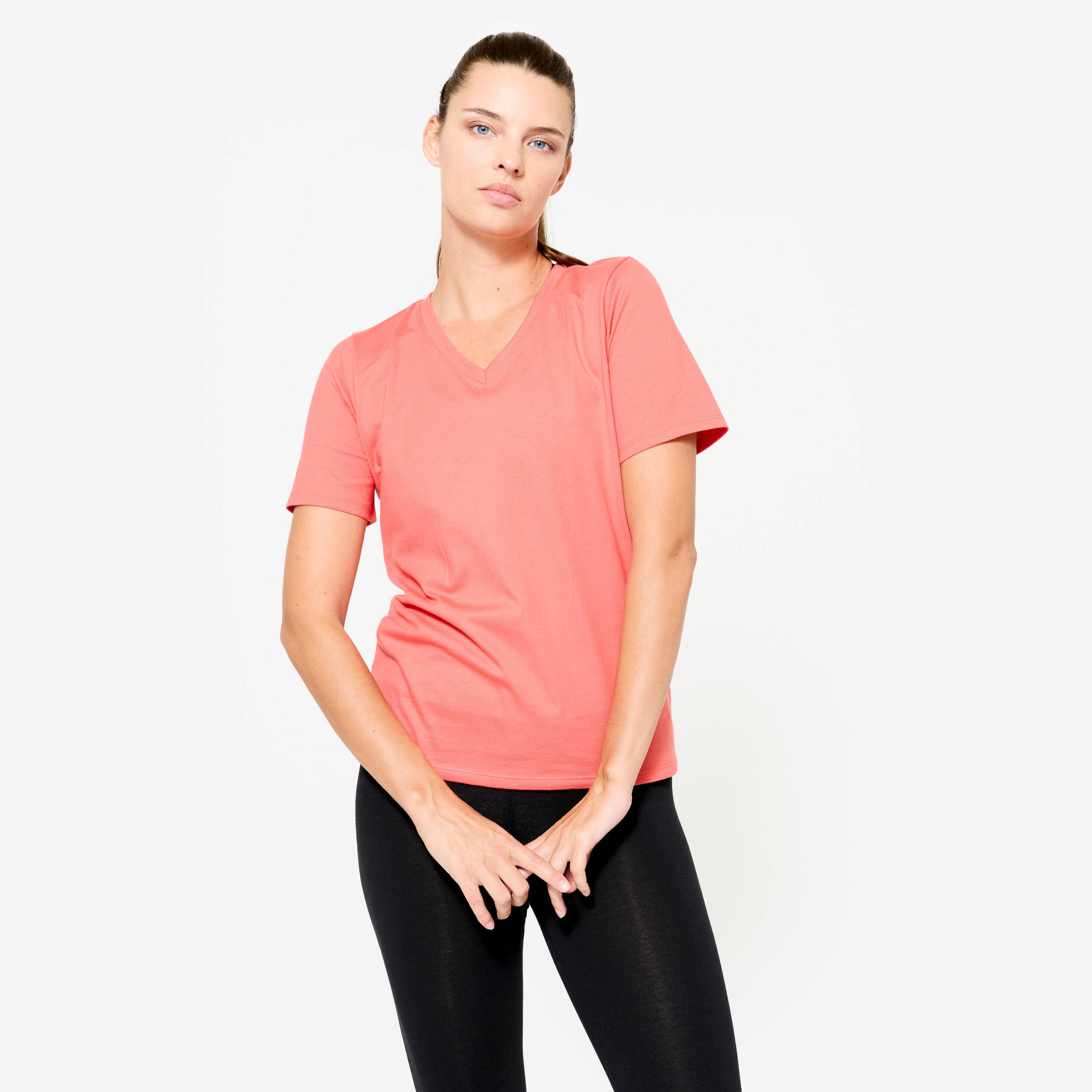Women's V-Neck Cotton Fitness T-Shirt 500 - Pomelo Pink