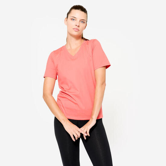 T-shirt col V fitness en coton femme, rose