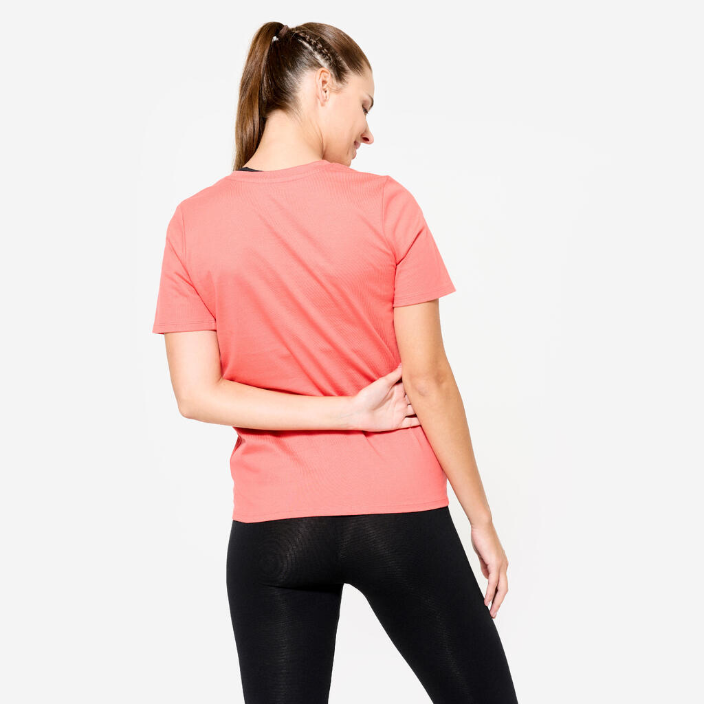 T-shirt col V fitness en coton femme, rose
