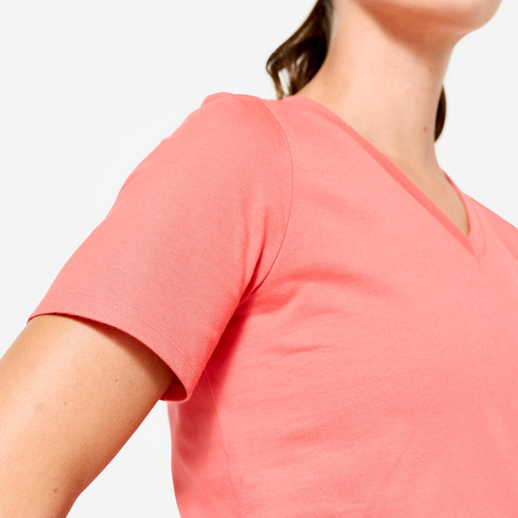 T-shirt col V fitness en coton femme, rose