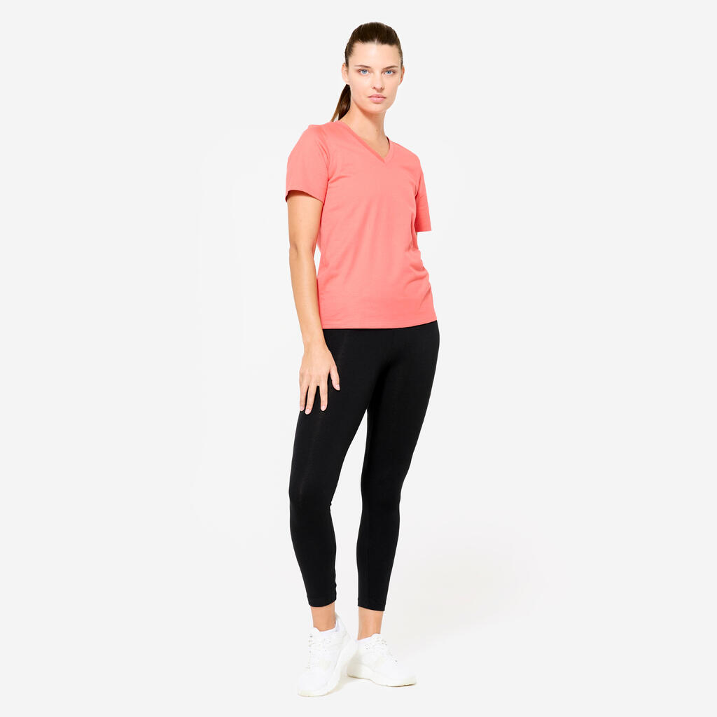 T-shirt col V fitness en coton femme, rose