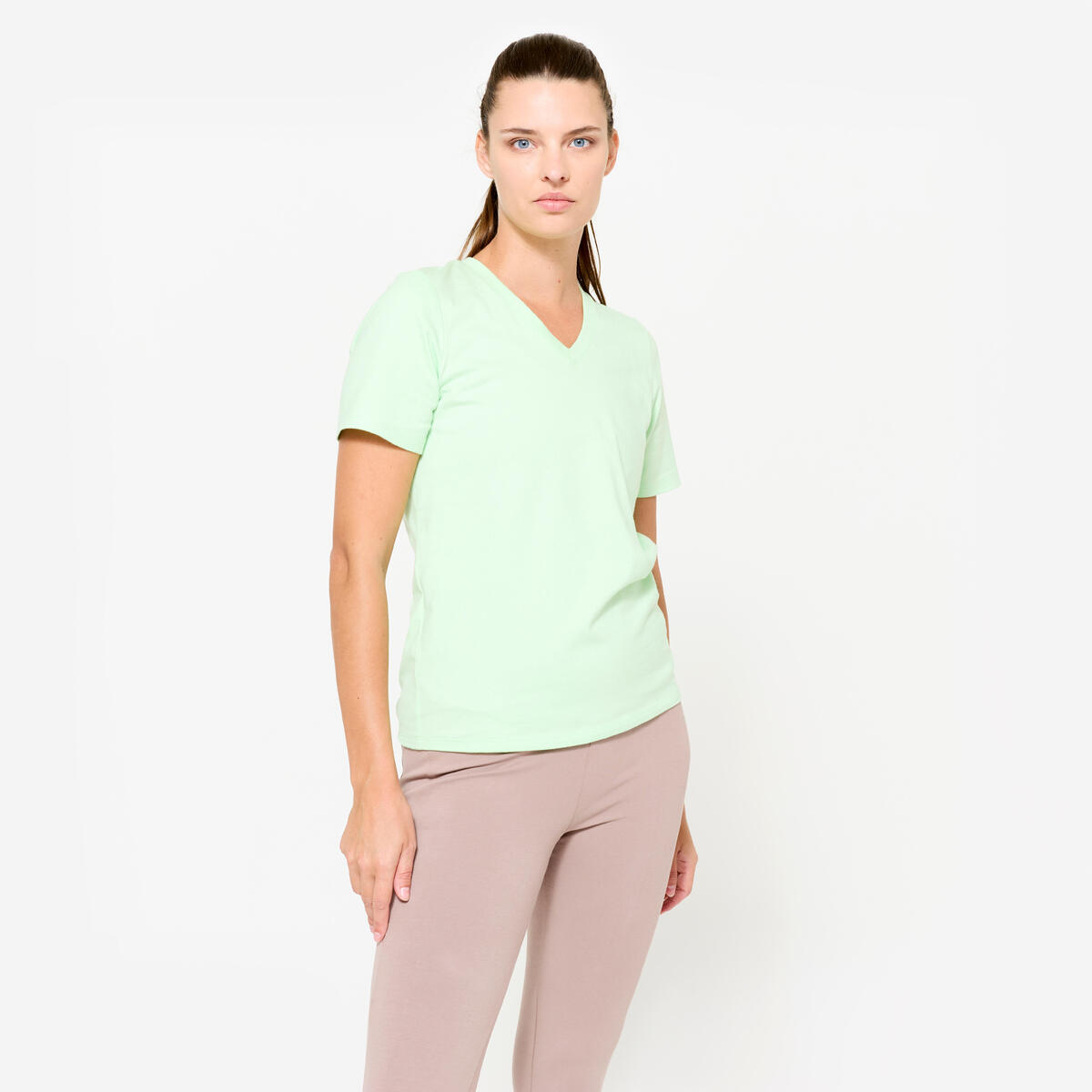 T-shirt col V fitness en coton femme, vert sorbet