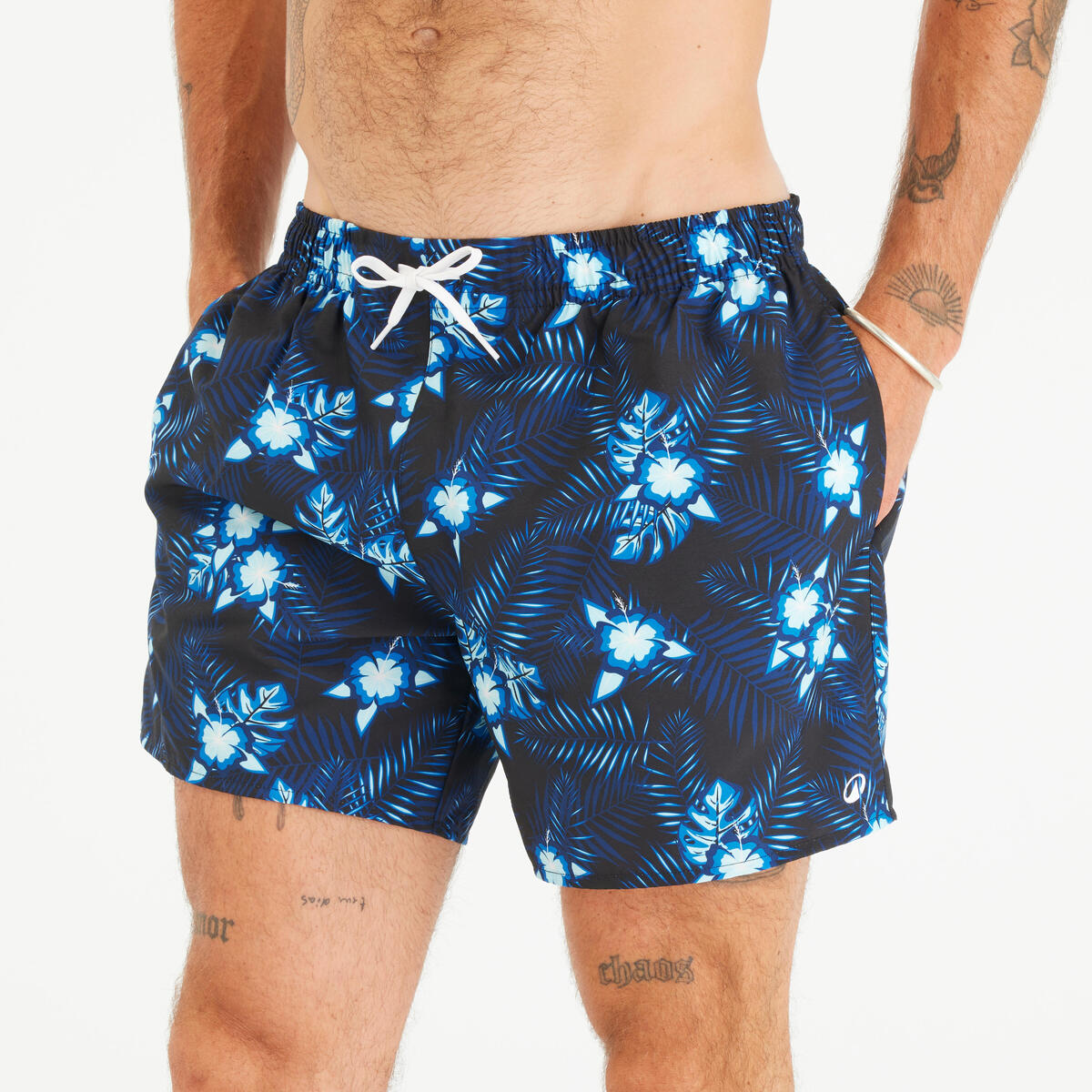 Short de bain surf 100 Court 15" Homme - Hibiscus Noir