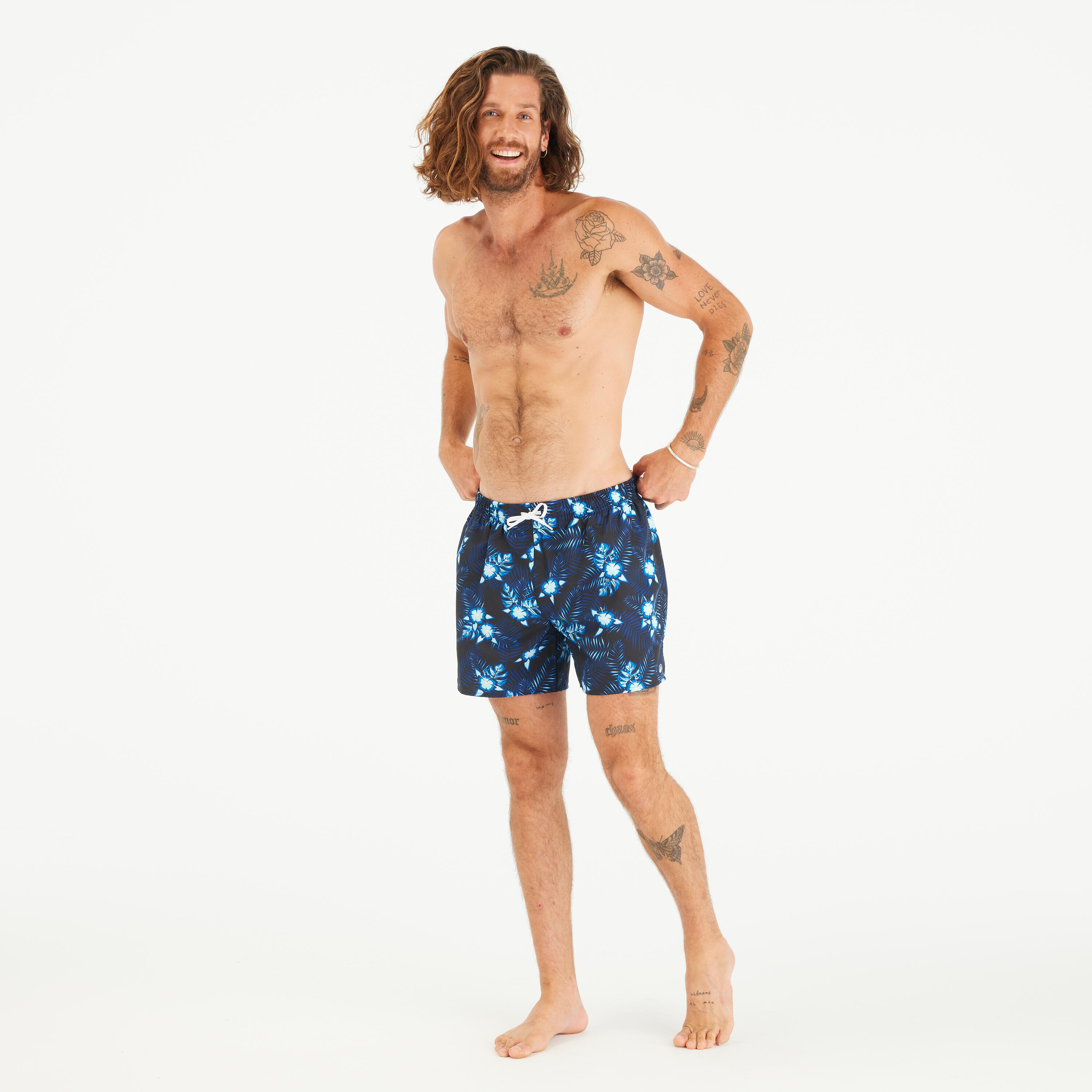 Boardshorts Herren kurz 100 Hibiscus 15" schwarz 2/4