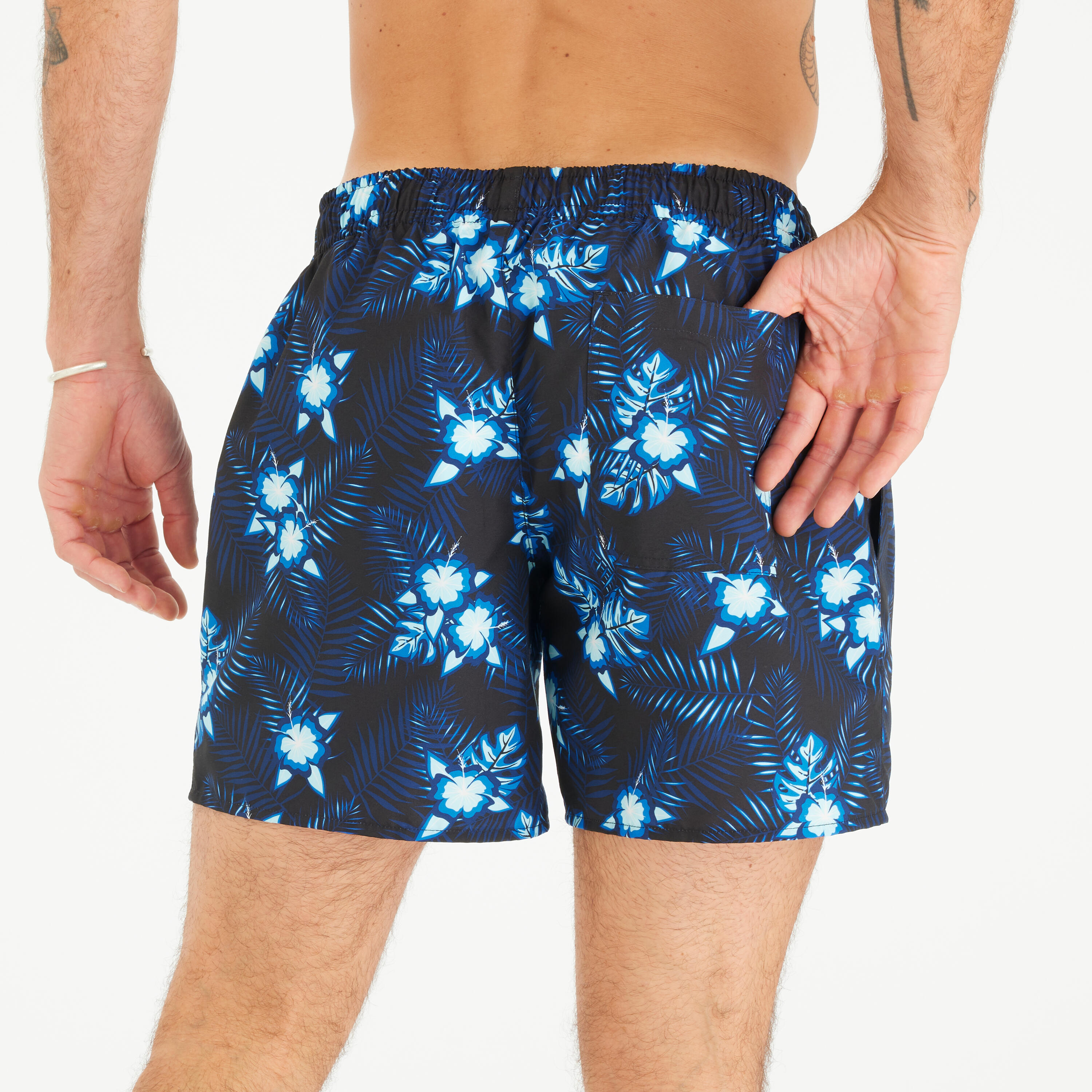 Boardshorts Herren kurz 100 Hibiscus 15" schwarz 3/4