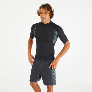 Men’s UPF50+ short-sleeved surf top - smoked black with chequered pattern