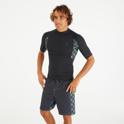 Top de surf manches courtes UPF50+ Homme - noir fumé motif damier