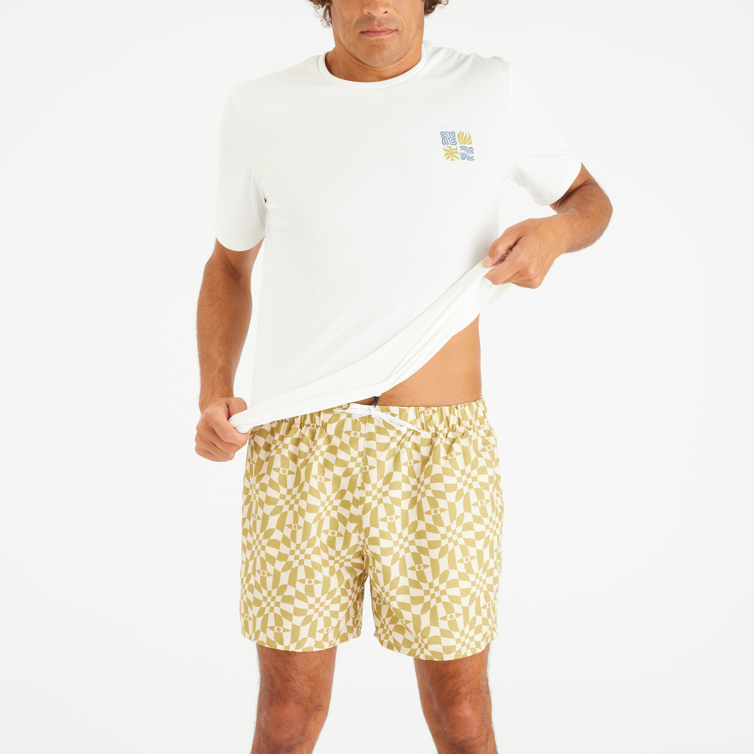 Zwemshirt UPF50+ korte mouwen voor surfen heren Whiteflower wit 4/5