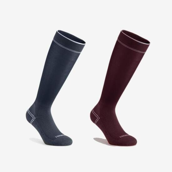 Reitsocken extradünn Damen/Herren 2er-Set bordeaux/blau