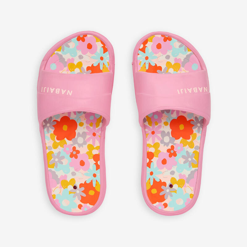 Claquettes piscine Enfant - Slap 500 imprimés fleurs rose rouge