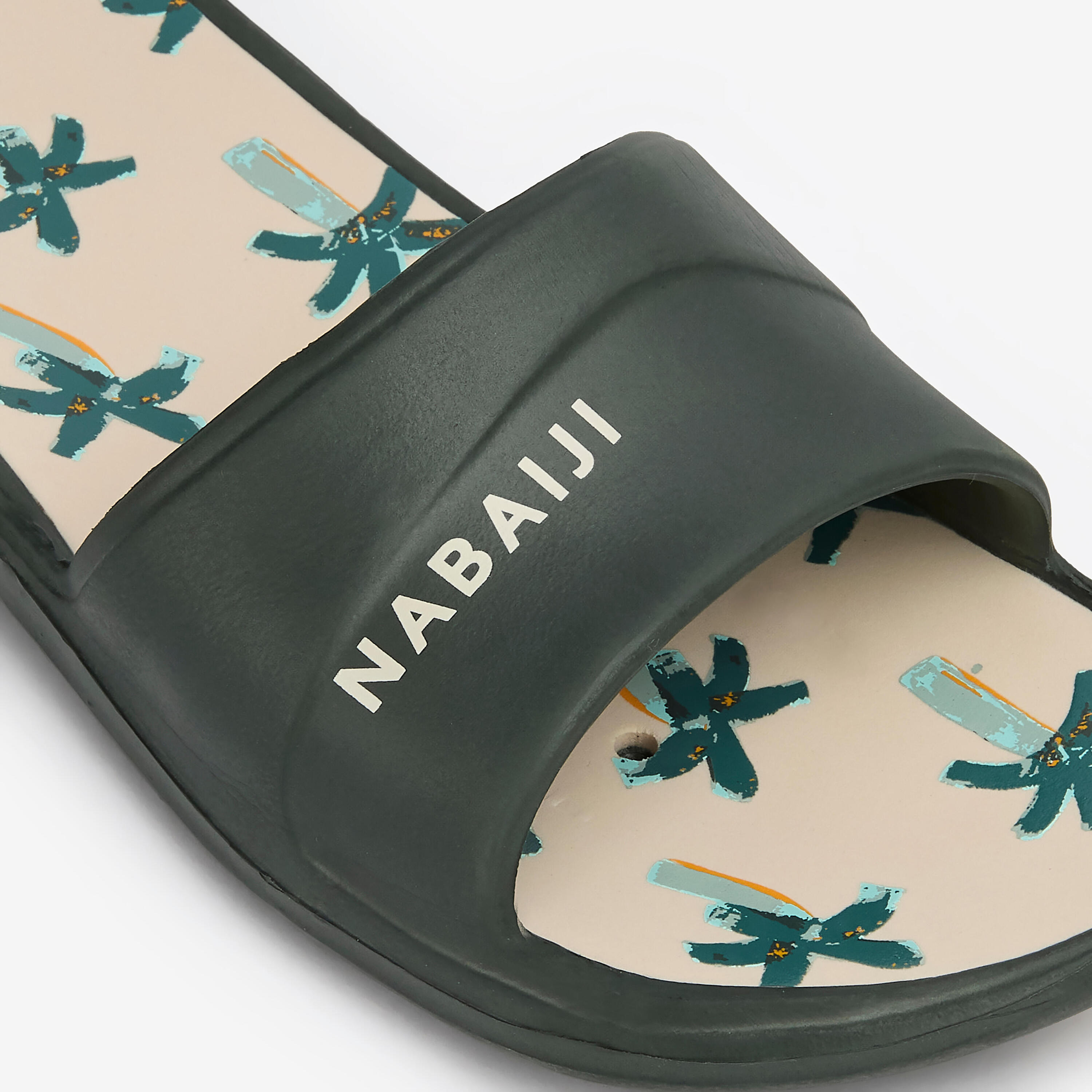 Badslippers voor kinderen Slap 500 beige/kaki met palmprint 4/4