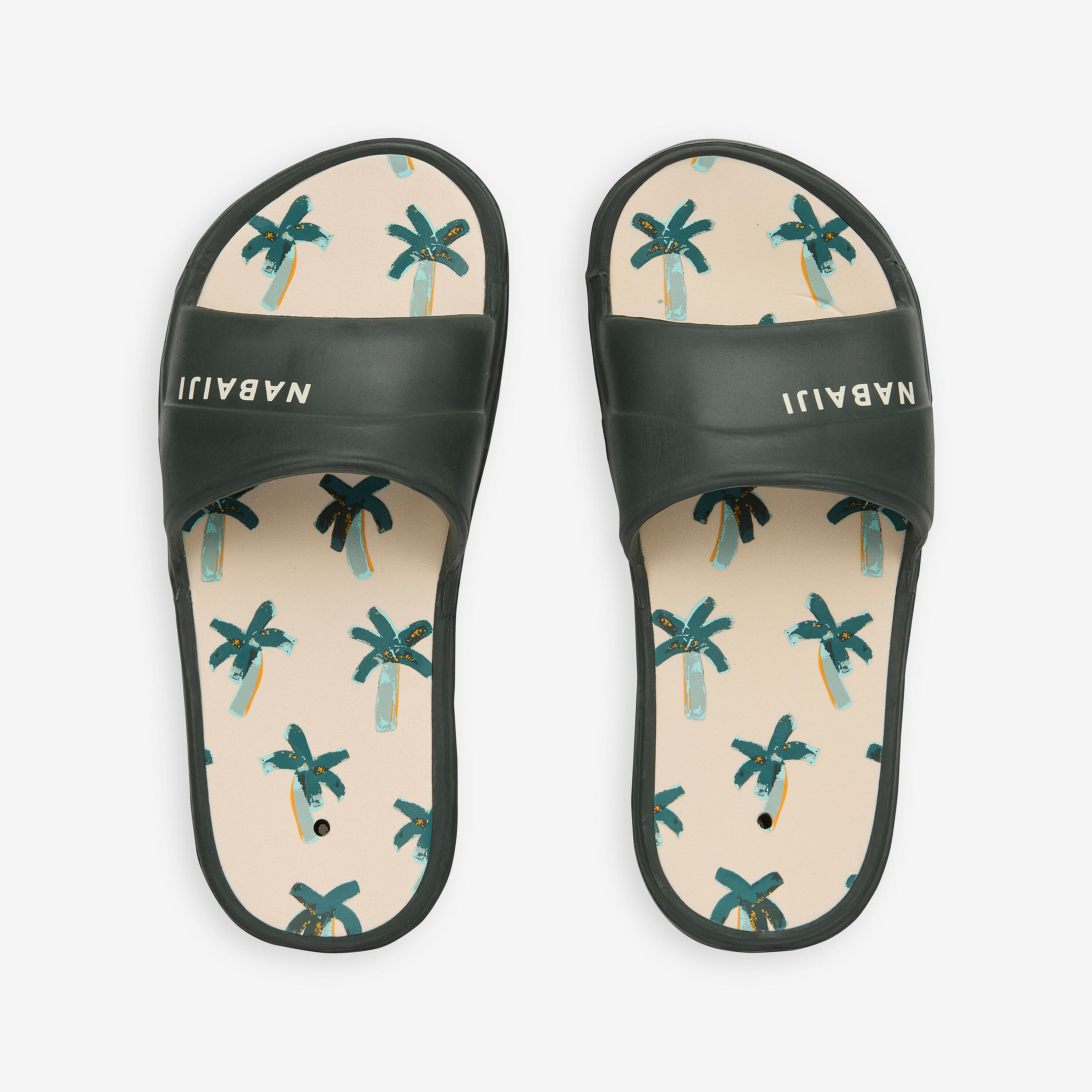 Badslippers voor kinderen Slap 500 beige/kaki met palmprint 3/4