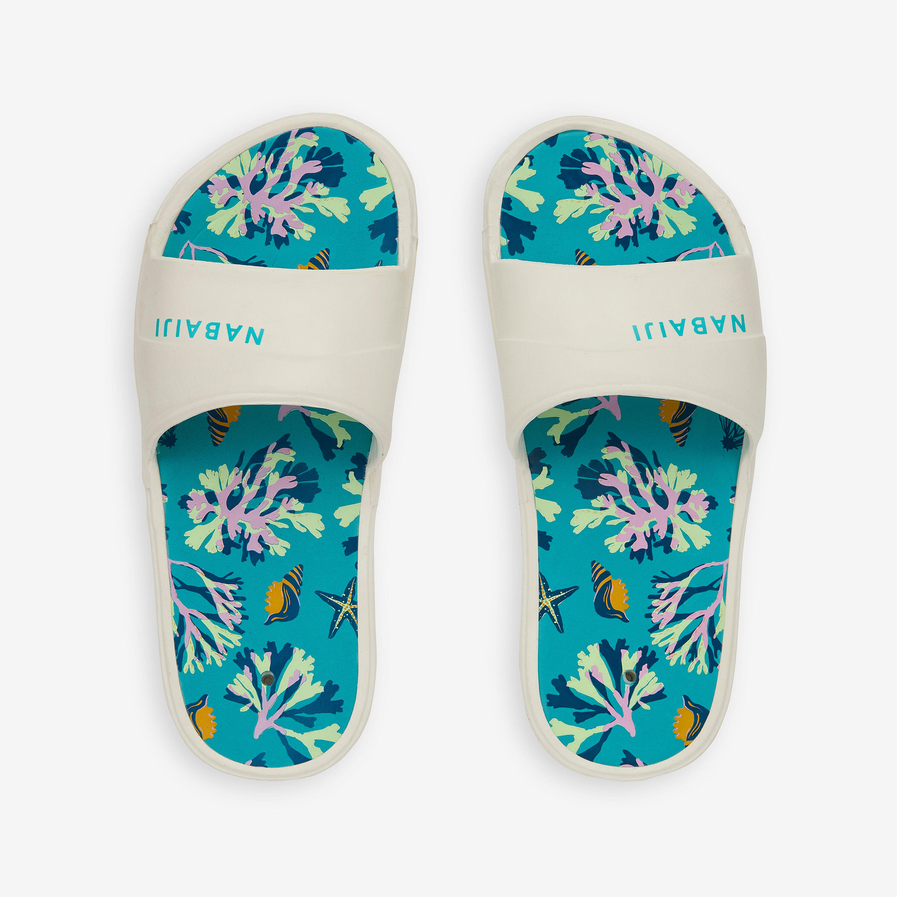 Badslippers voor kinderen Slap 500 turquoise met print 3/4