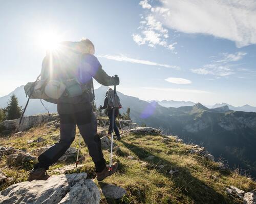 Ludzie z plecakami i z kijkami trekkingowymi wędrujący po górach