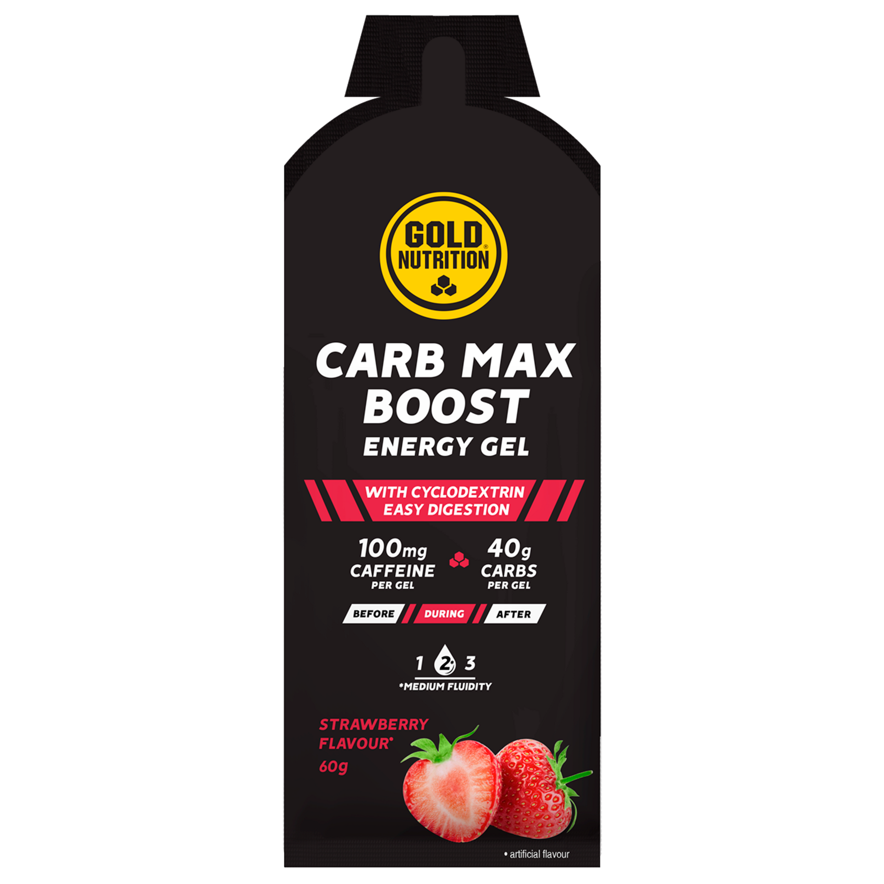 Koolhydraat boost gel verpakking met de smaak aardbei