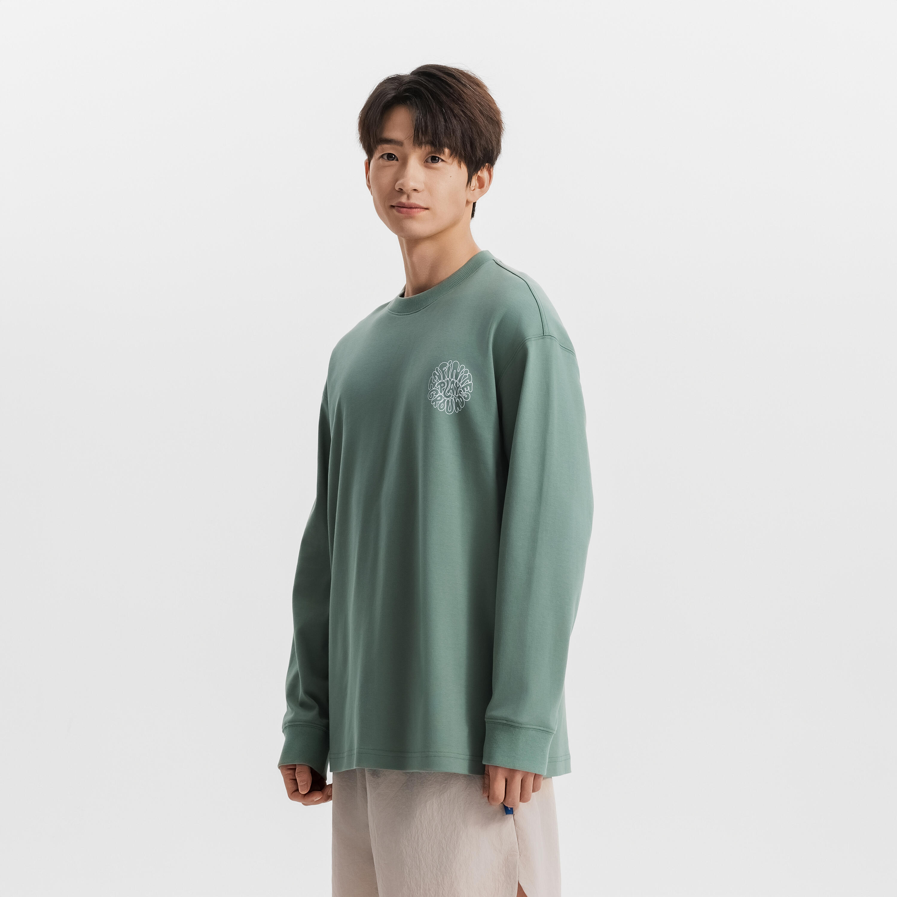 Unisex Graphic Casual, Long Sleeved, Cotton T-Shirt - Eucalyptus Green