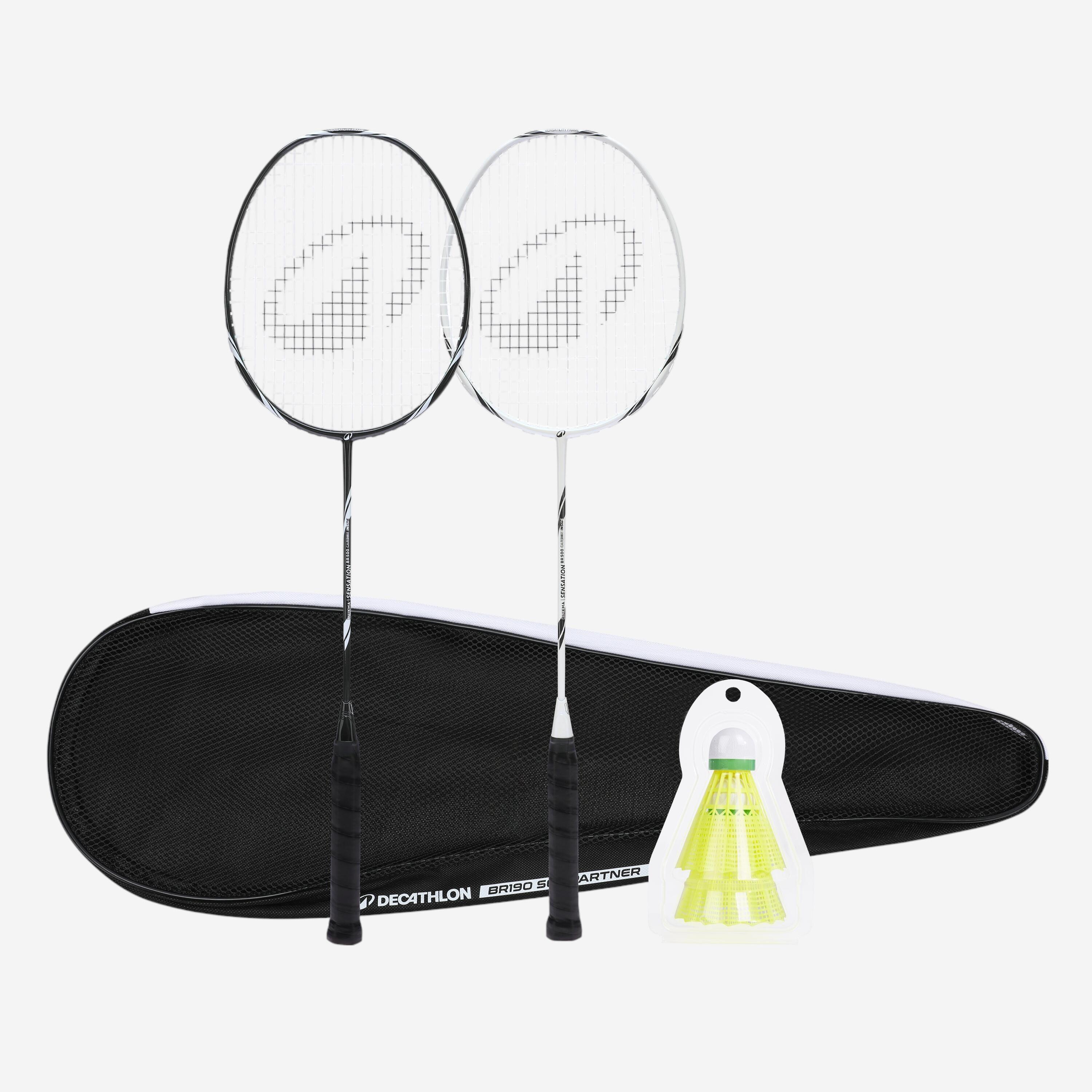 Badminton Racket Set 2 Rackets - Sensation 500 Black White - PERFLY