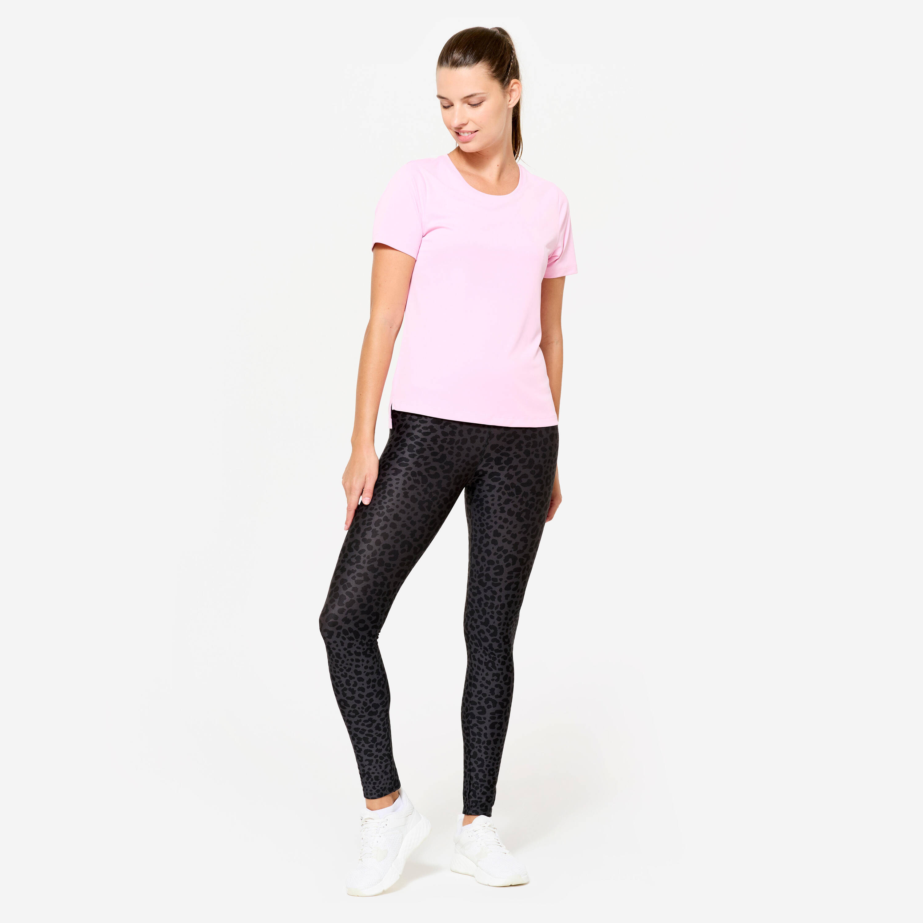 Women's High-Waisted Fitness Leggings - Dark Grey Leopard Print -  2