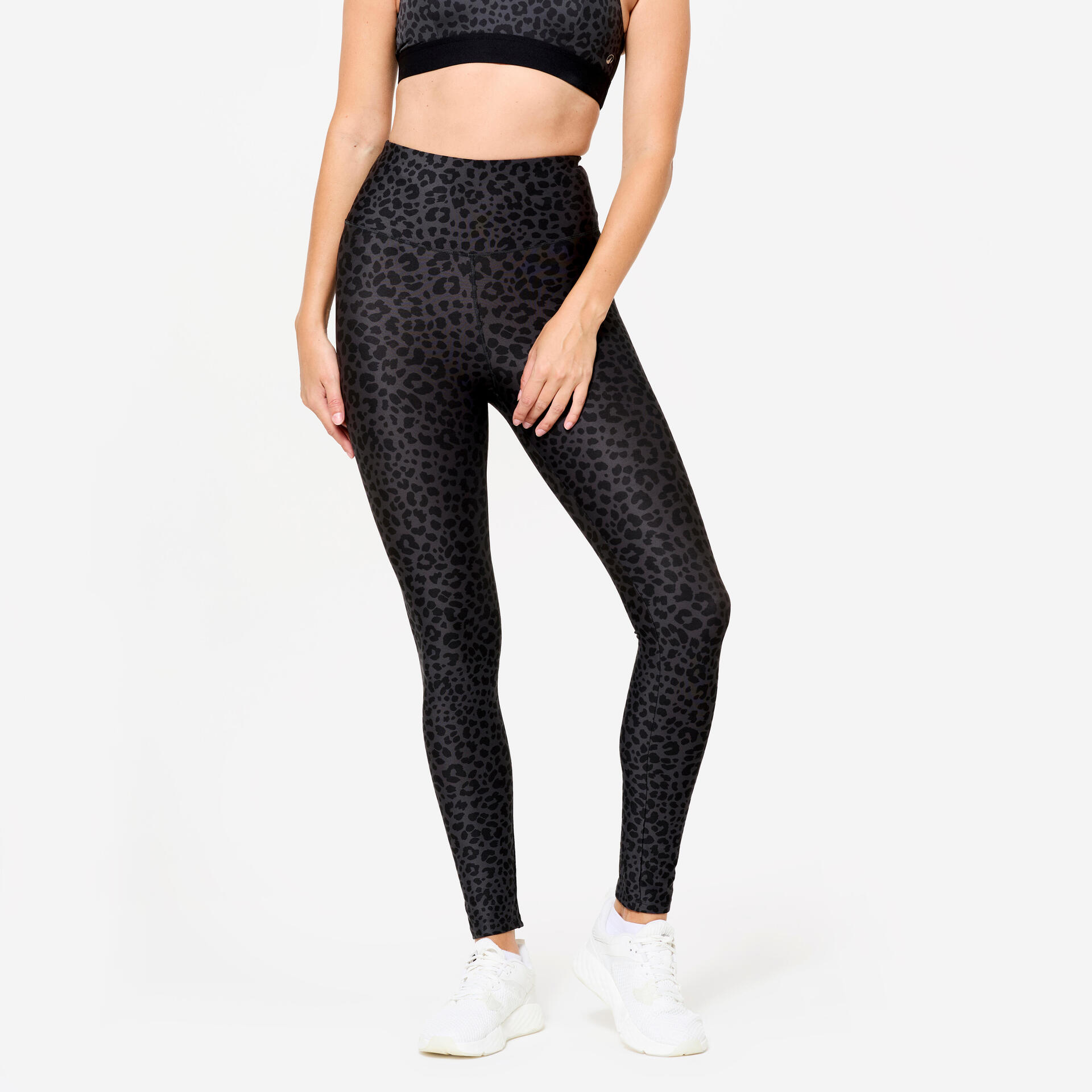 Women's High-Waisted Fitness Leggings Dark Grey Leopard Print
