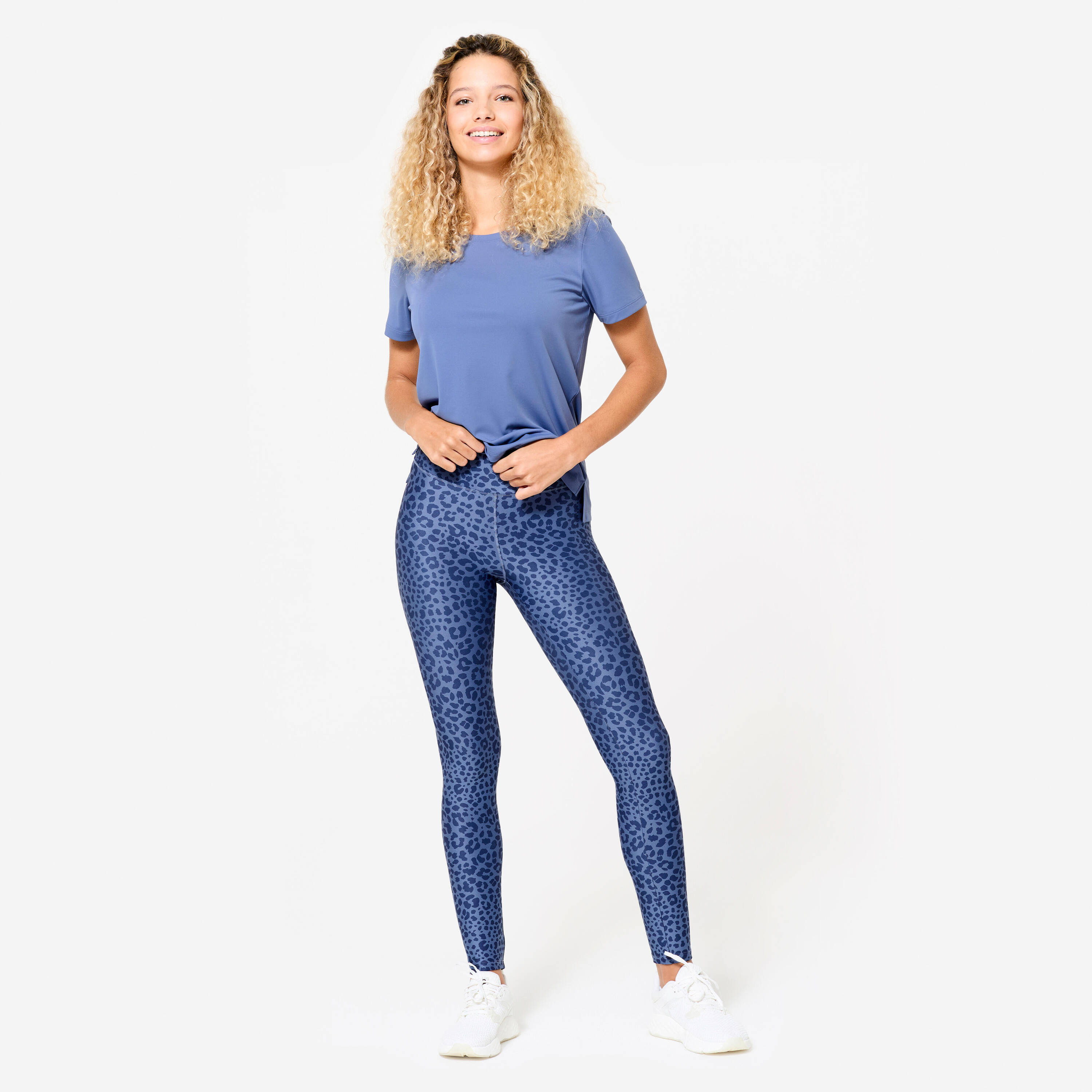 Women's High-Waisted Fitness Leggings - Blue Leopard Print -  2