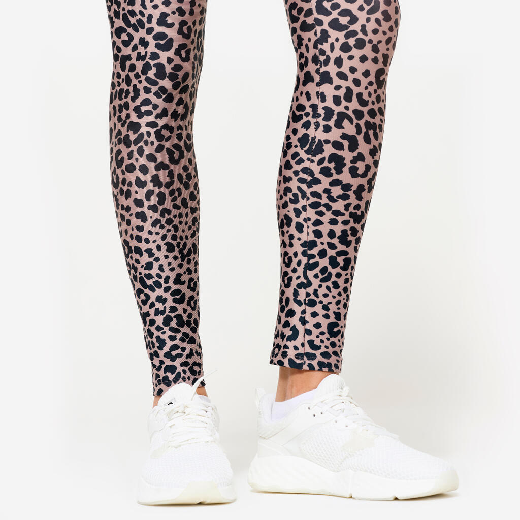 Ženske pajkice za fitnes z visokim pasom - temno bež z leopardjim potiskom