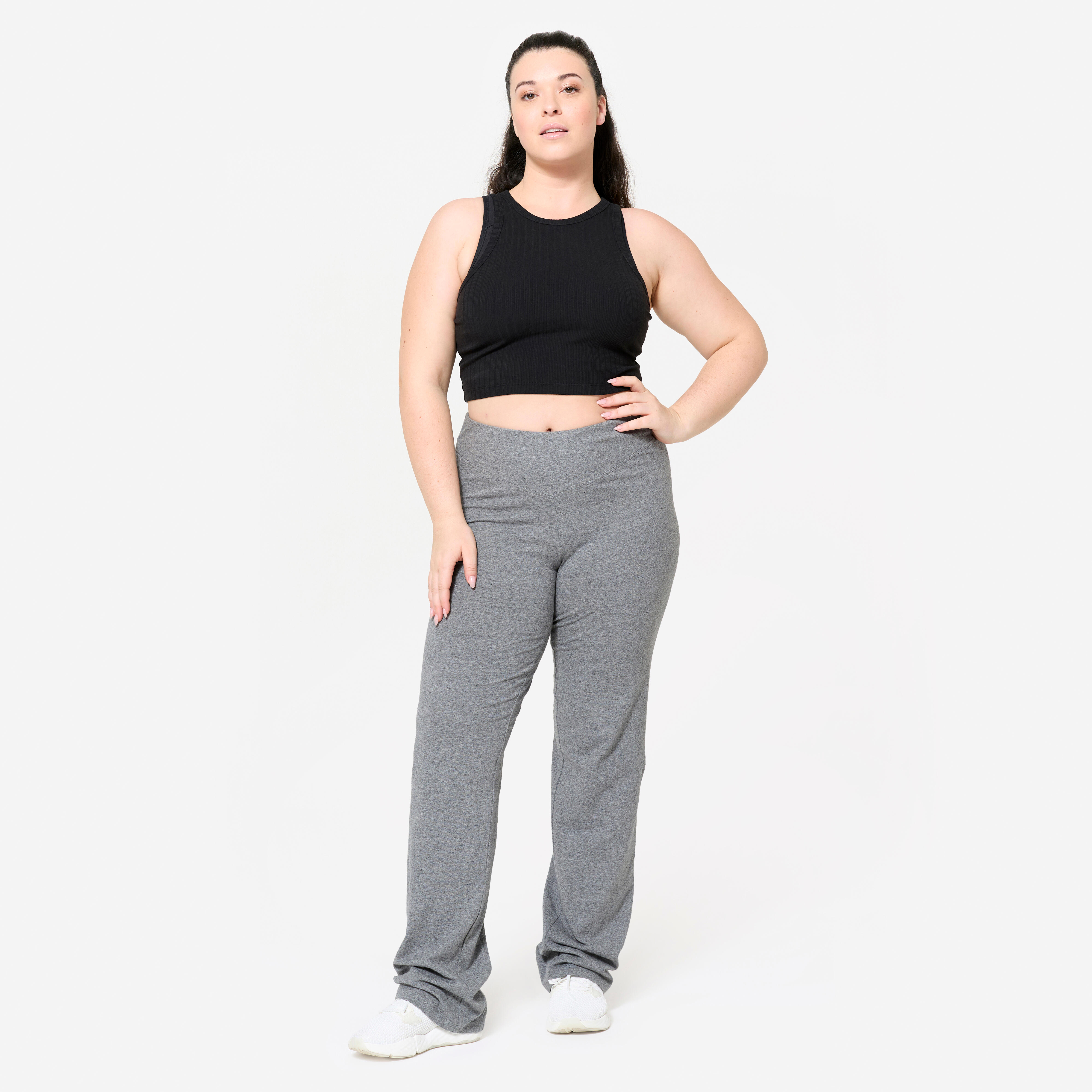 Women Gym Fitness Leggings, 100% Cotton, Flared Fit, 500 - Iron Grey