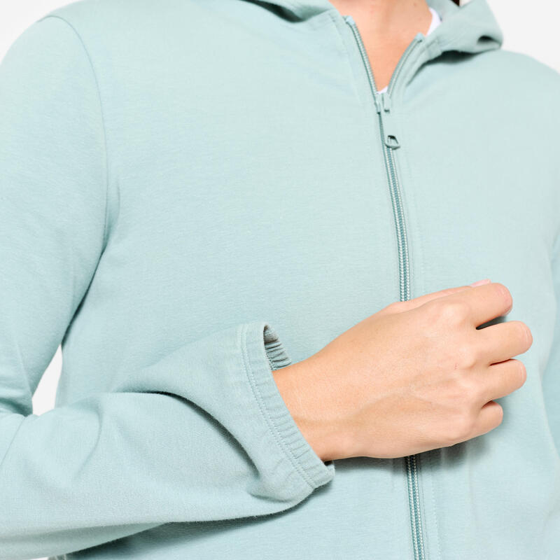 Sweat zippé fitness femme, vert fivré