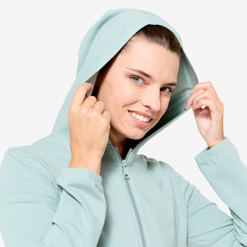 Sweat zippé fitness femme, vert fivré