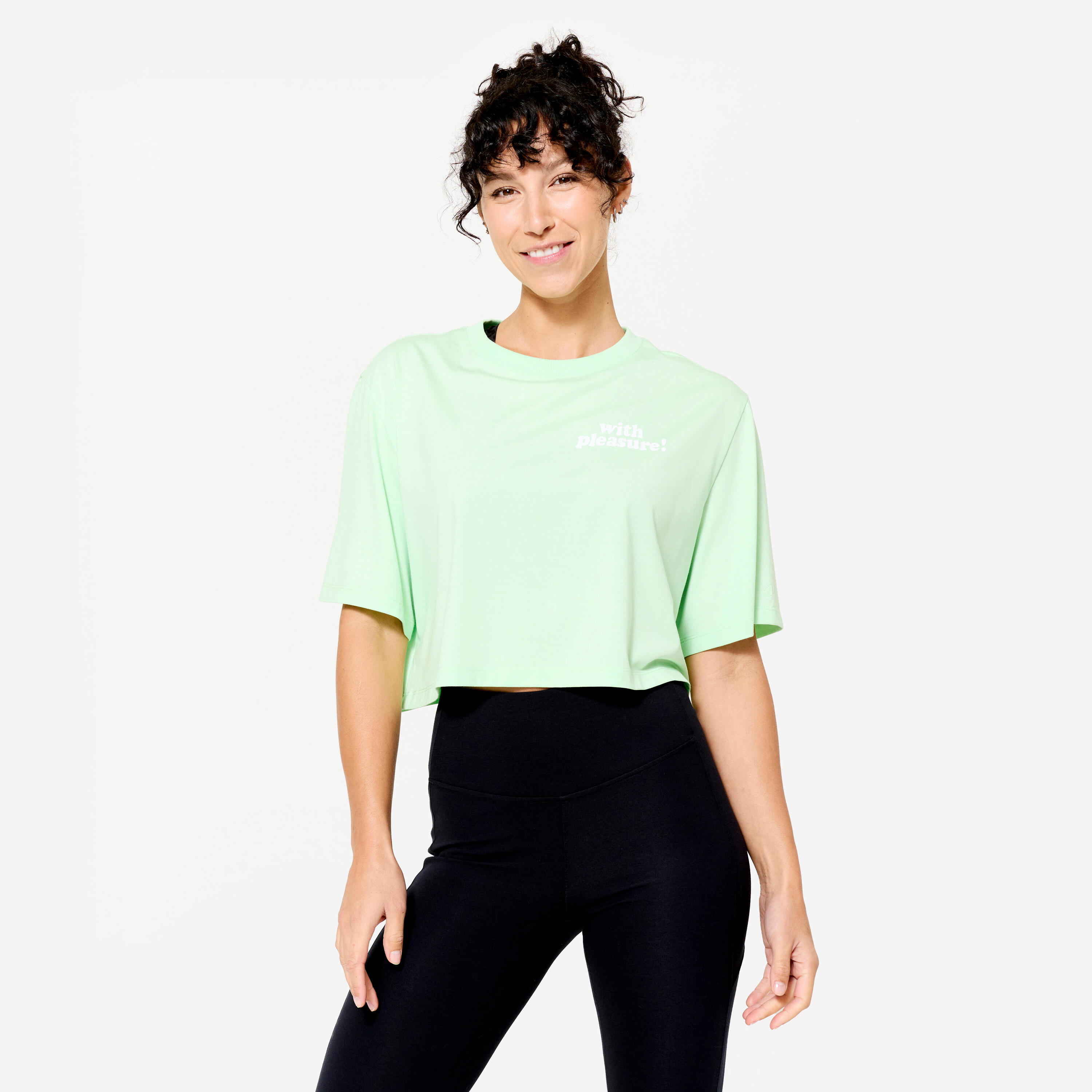 DOMYOS T-shirt donna palestra cropped slim fit misto cotone verde chiaro