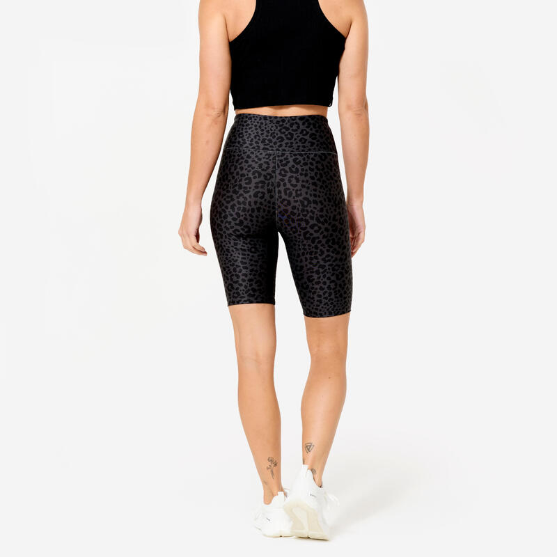 Rekbare korte fitnesstight voor dames donkergrijs met luipaardprint