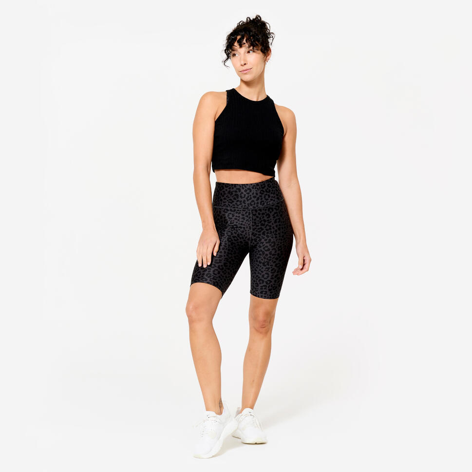 Legginsy krótkie fitness damskie Domyos ciemnoszare w panterkę