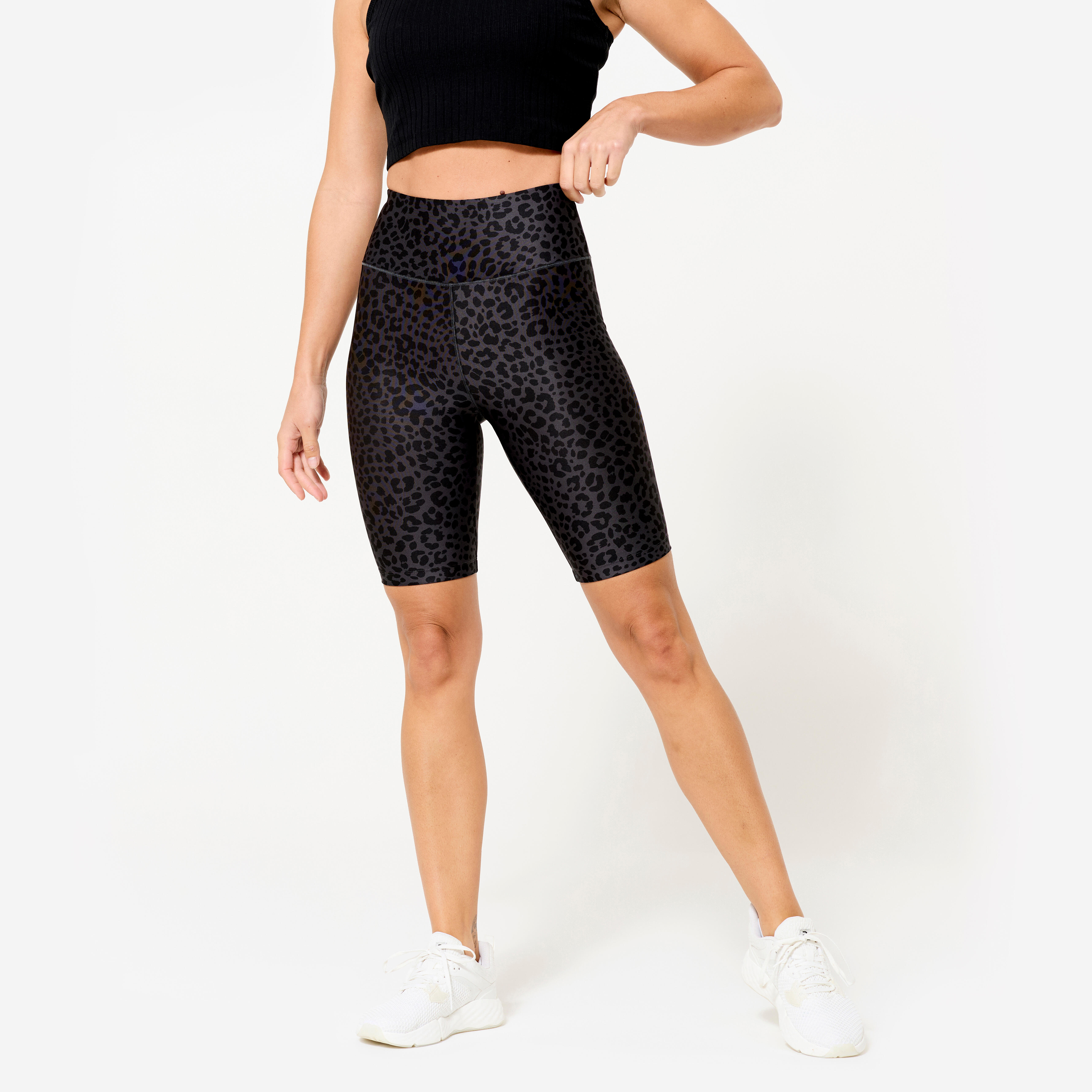 Decathlon UK Domyos Women's Stretchy Fitness Cycling Shorts - Dark Grey Leopard Print | FREE Click & Collect at Stores and Asda. 365 Days return available.