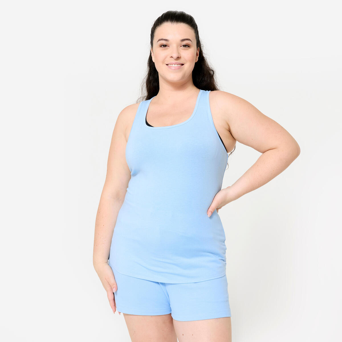 Débardeur slim col rond fitness femme, bleu flocon