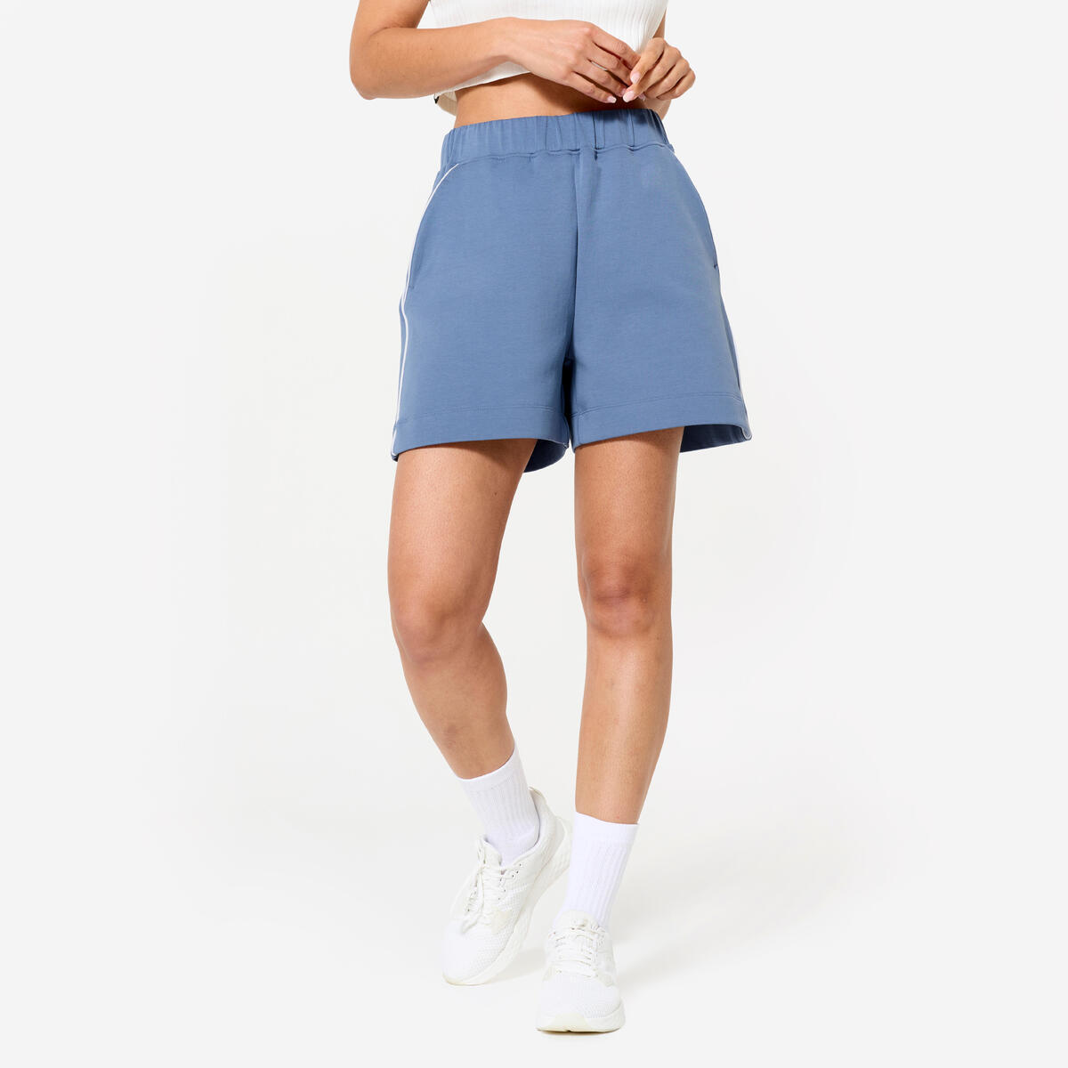 Short fitness ample, femme, bleu et blanc