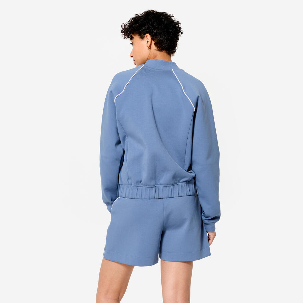 Women's Zipped Bomber Jacket - Blue with White Piping