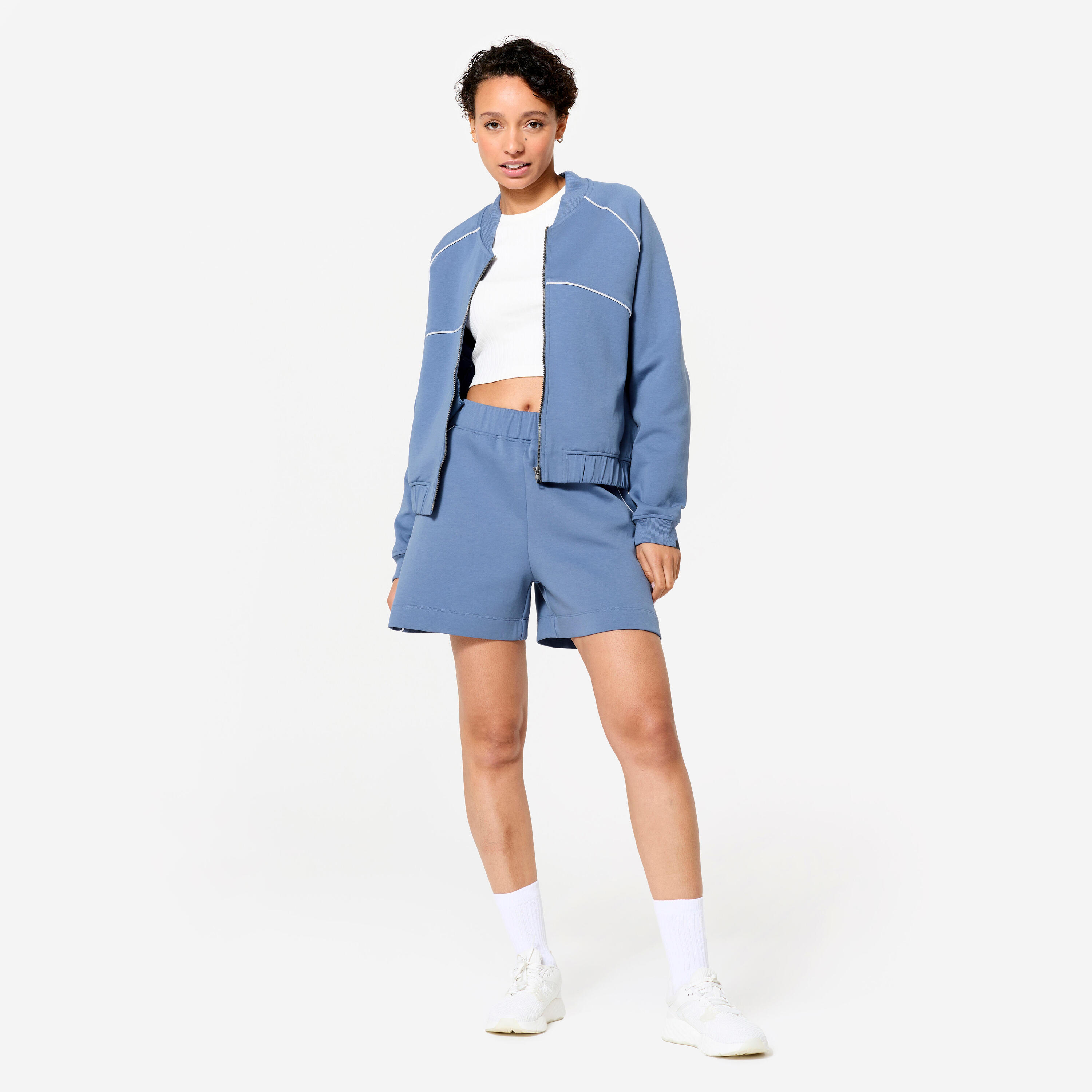Women's Zipped Bomber Jacket - Blue with White Piping 2/8