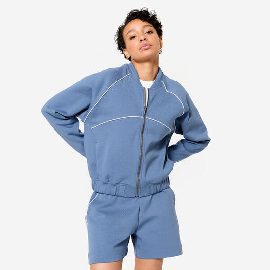 Felpa donna palestra cropped oversize con zip pesante azzurro-bianco