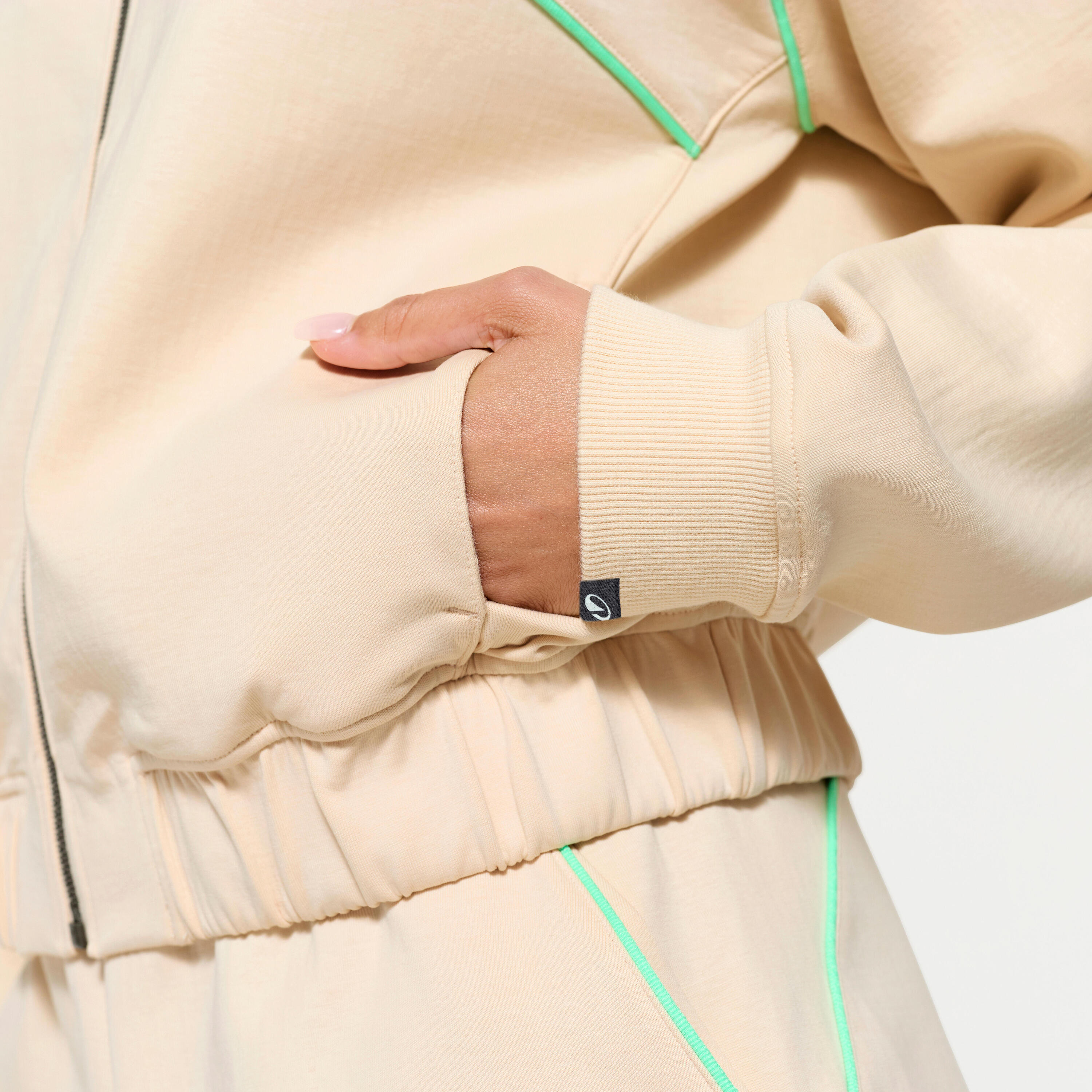 Veste bombers zipée femme, beige avec piping vert. 7/9